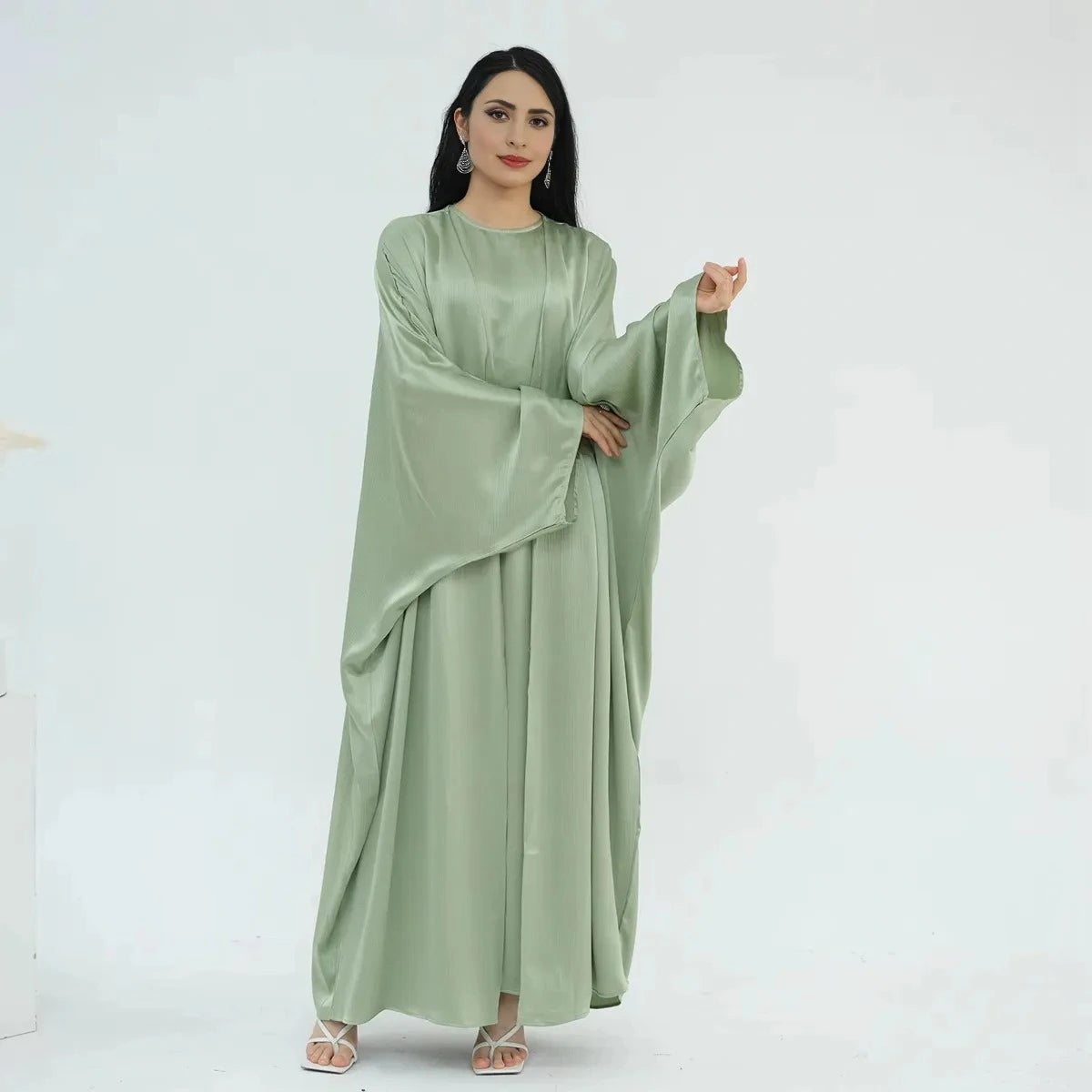 Wrinkle-Free Satin 2-Piece Open Abaya Dress Set #24806 - Elegant Muslim Prayer Dress for Women, Perfect for Special Occasions & Daily Wear
