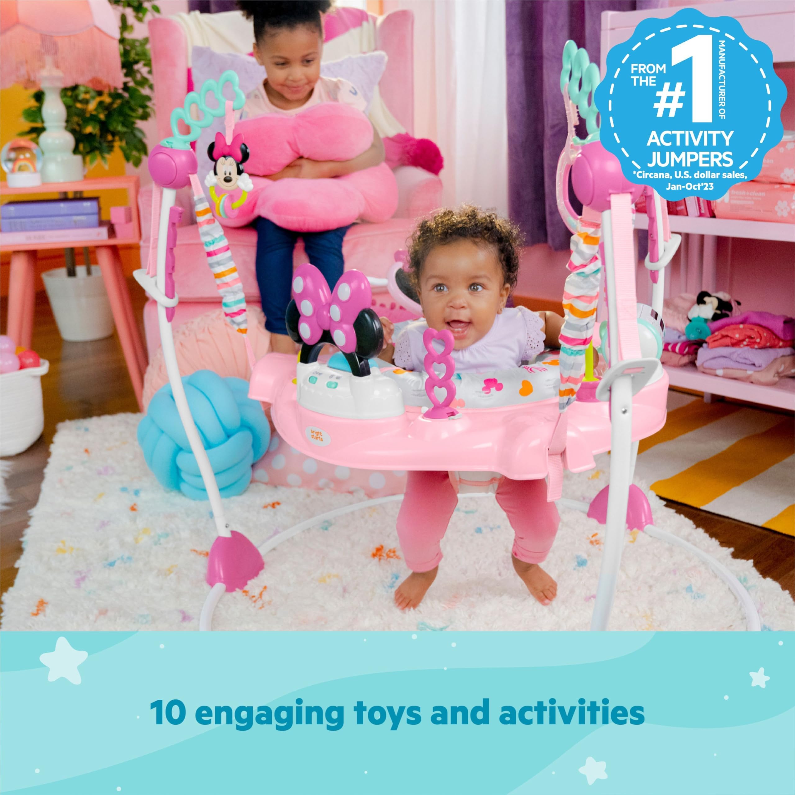 Bright Starts Disney Baby Minnie Mouse Forever Besties Baby Activity Jumper with 10 Interactive Toys, Lights & Sounds, 360-Degree Rotating Seat for Infants 6-12 Months (Pink) - Perfect for Playtime, Learning & Motor Skill Development