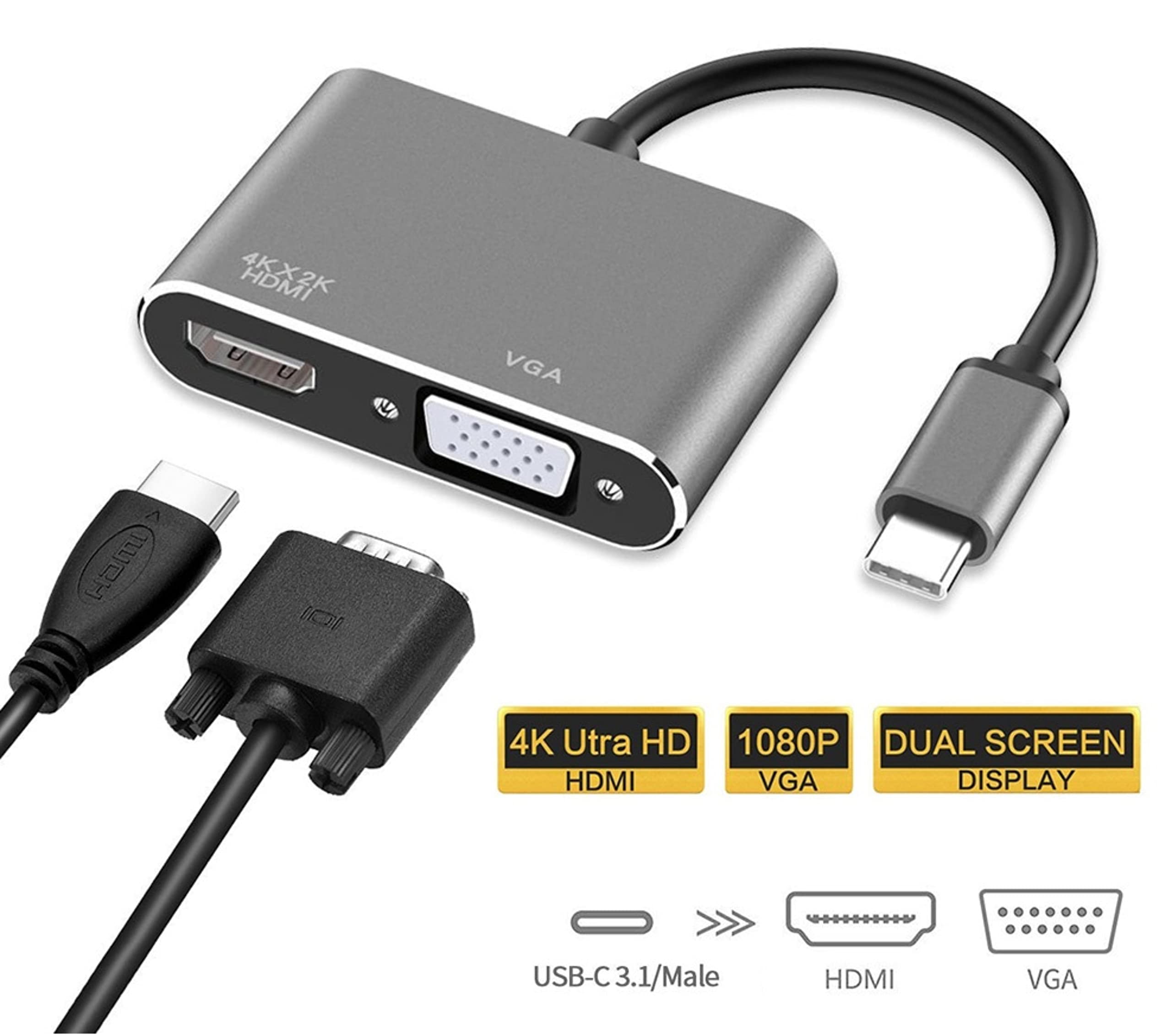 FDBV USB C to HDMI VGA Adapter - 4K Dual Monitor Converter with USB 3.0 Port for MacBook Pro, Dell XPS, HP, Lenovo - Perfect for Home Office, Gaming & Video Conferencing