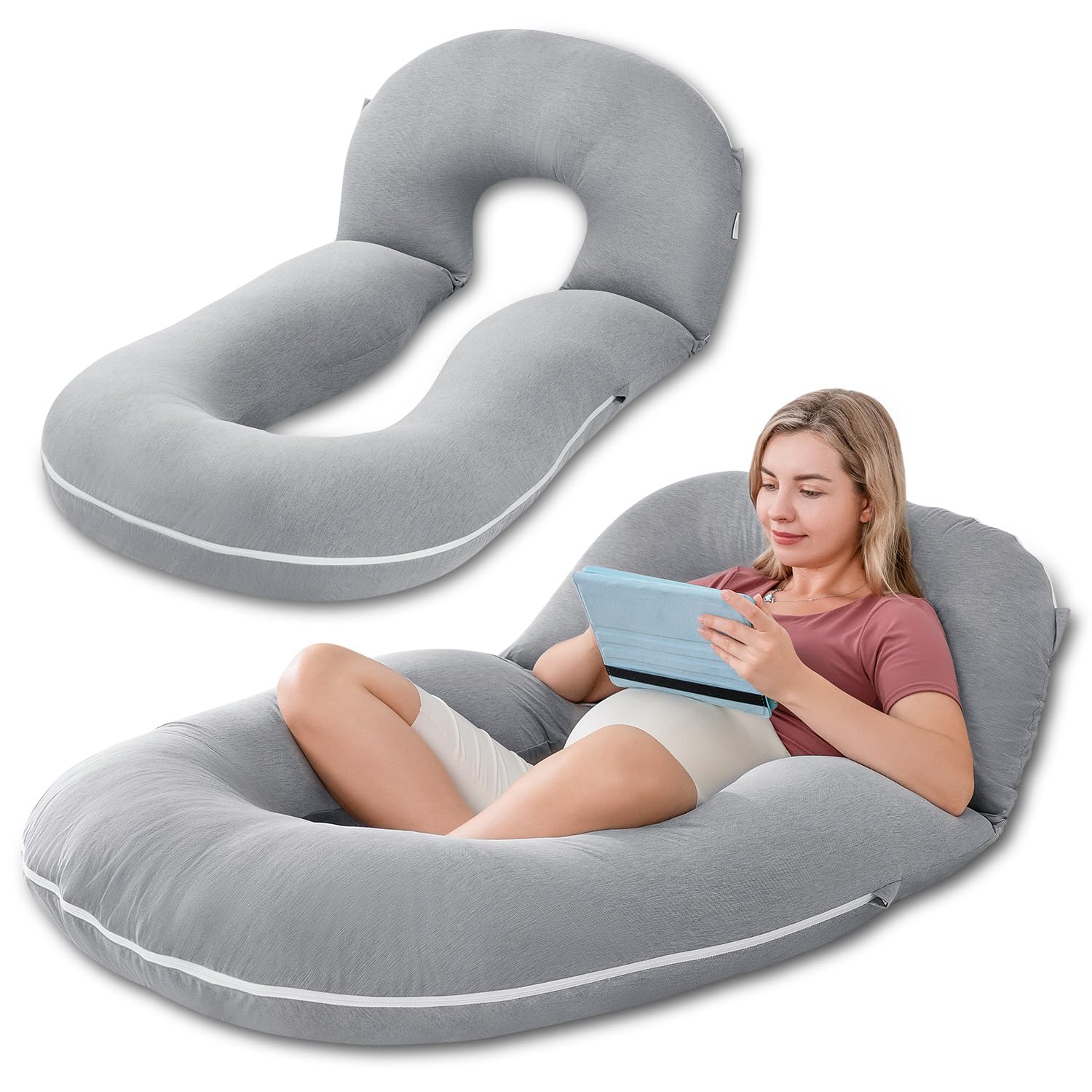 INSEN Pregnancy Pillow for Sleeping - Detachable Body Pillow for Pregnant Women, Nursing & Relaxation - Cooling Tencel Cover (Grey) - Perfect for Side Sleeping, Back Pain Relief & Maternity Comfort