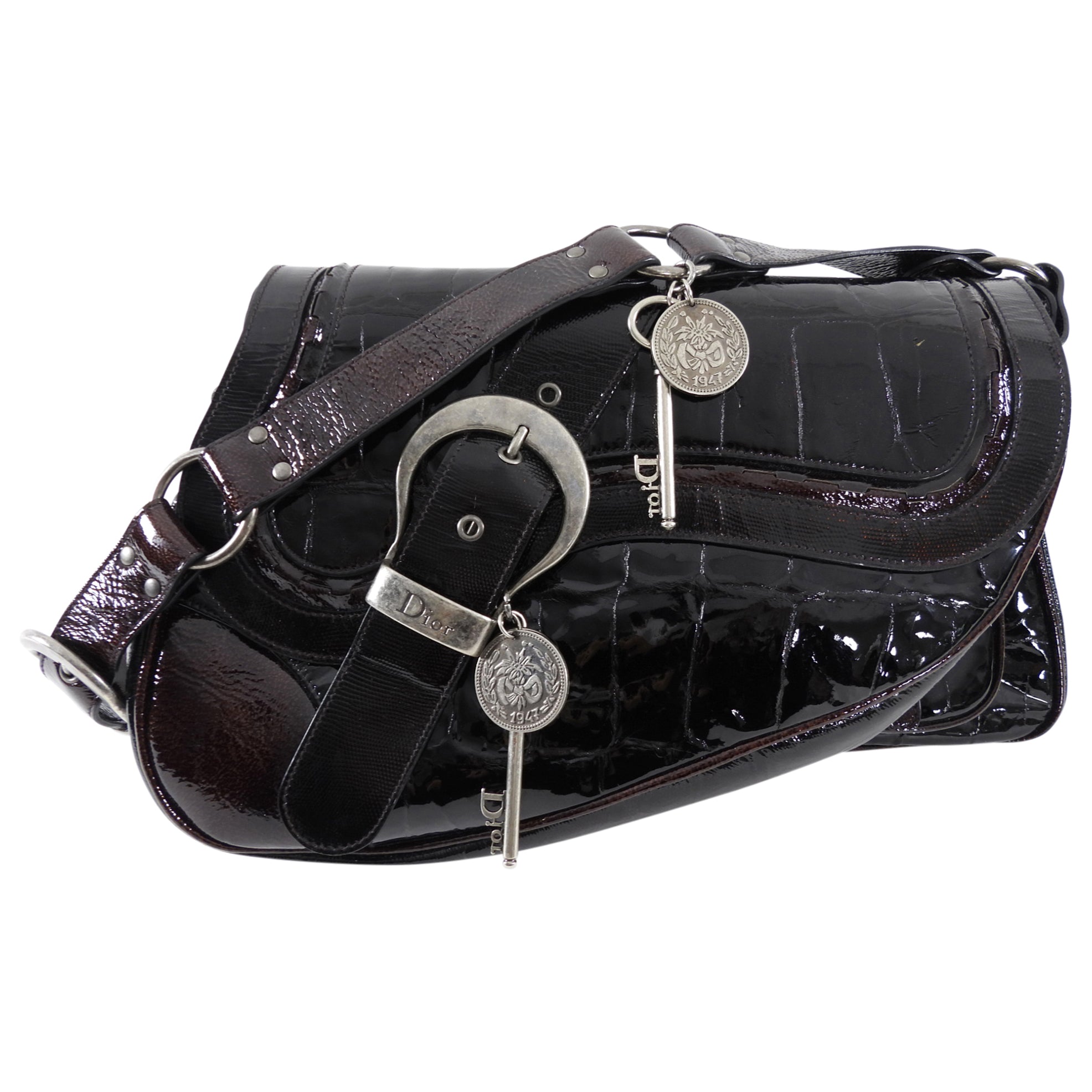 Vintage Christian Dior by John Galliano 2007 Patent Leather Embossed Gaucho Bag - Luxury Shoulder Bag for Women, Perfect for Parties & Special Occasions
