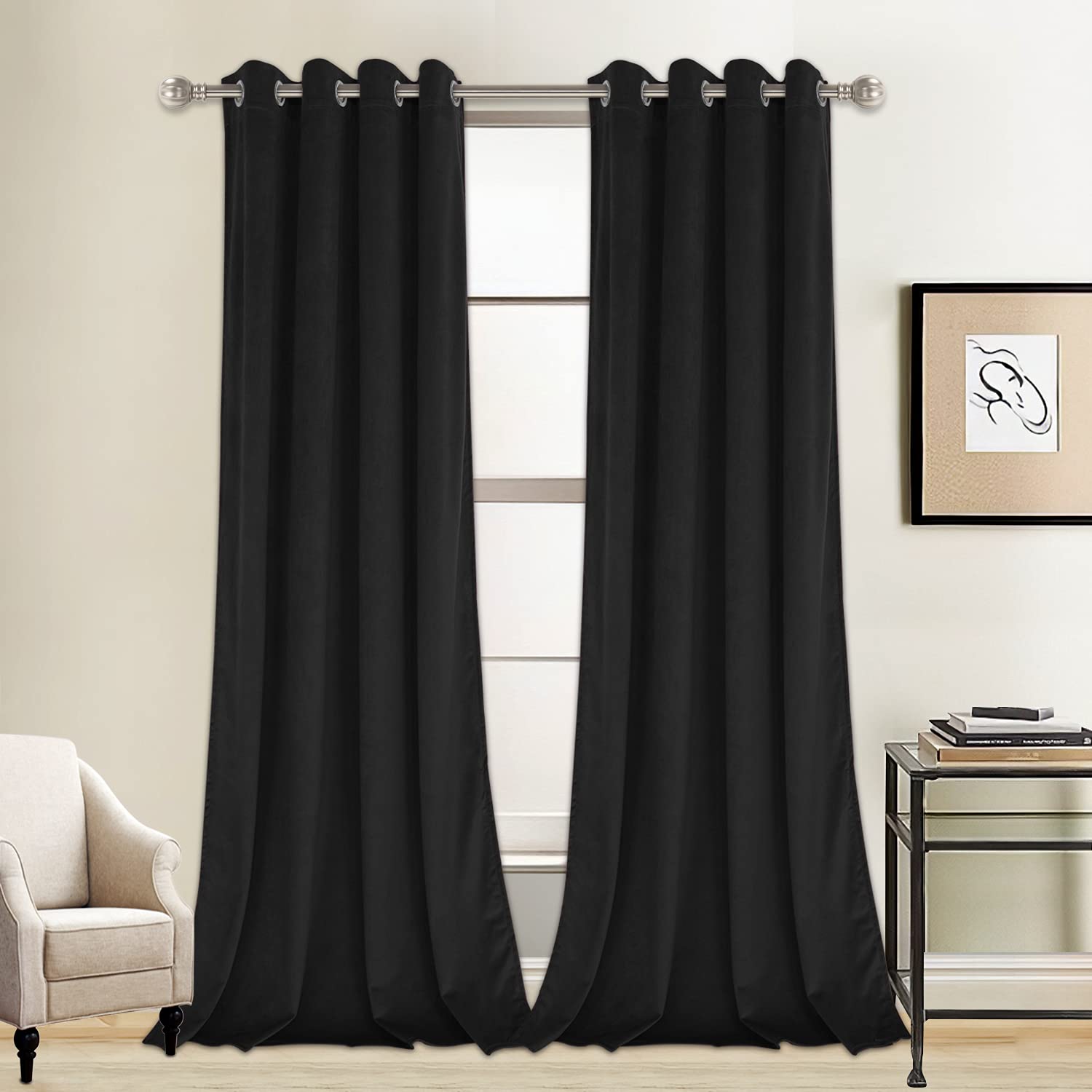LUSHLEAF 2 Panels Black Velvet Curtains 96 Inches Long - Thermal Insulated Blackout Curtains with Grommet Top for Bedroom & Living Room - Noise Reducing & Room Darkening Window Drapes for Home Theater, Nursery & Office