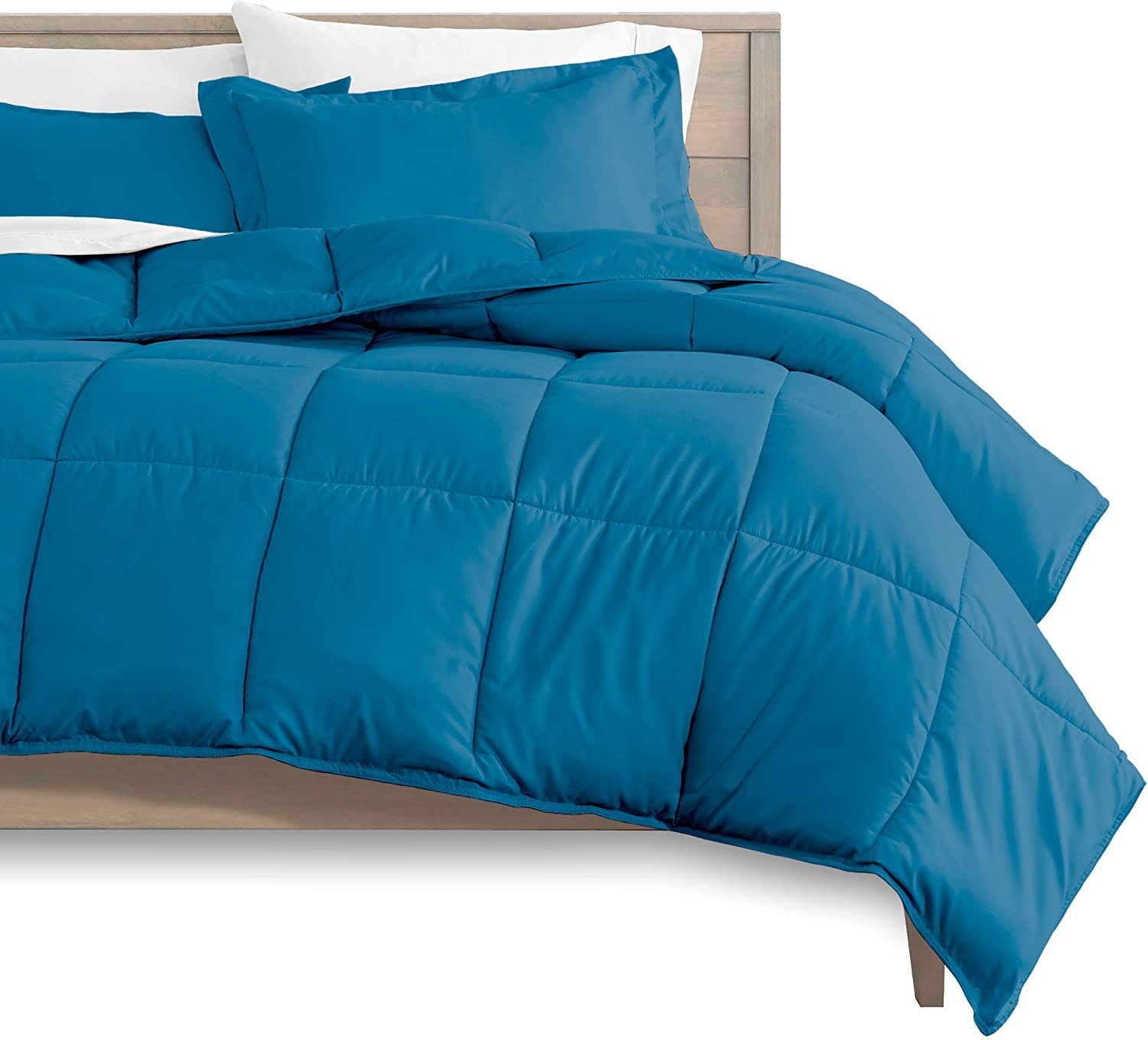 Premium 500 GSM 100% Cotton Extra Long Goose Down Alternative Comforter Set - Ultra Soft, Box Stitched, All-Season Breathable Warmth with Pillow Shams (Oversized Queen, Medium Blue) for Cozy Bedroom & Guest Room Decor
