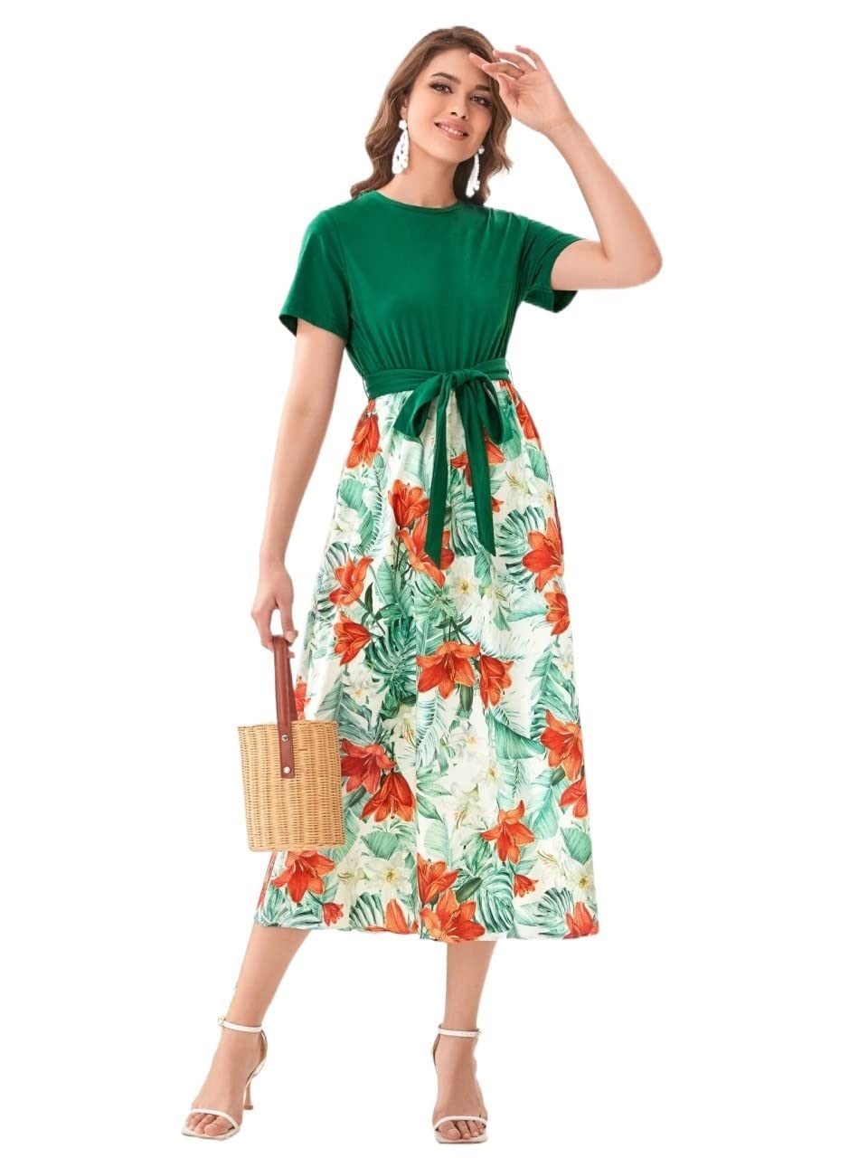 2022 Women's Summer Dresses - Tropical Print Belted A-Line Dress for Beach Vacation, Party & Casual Wear | Flowy Sundress for Women