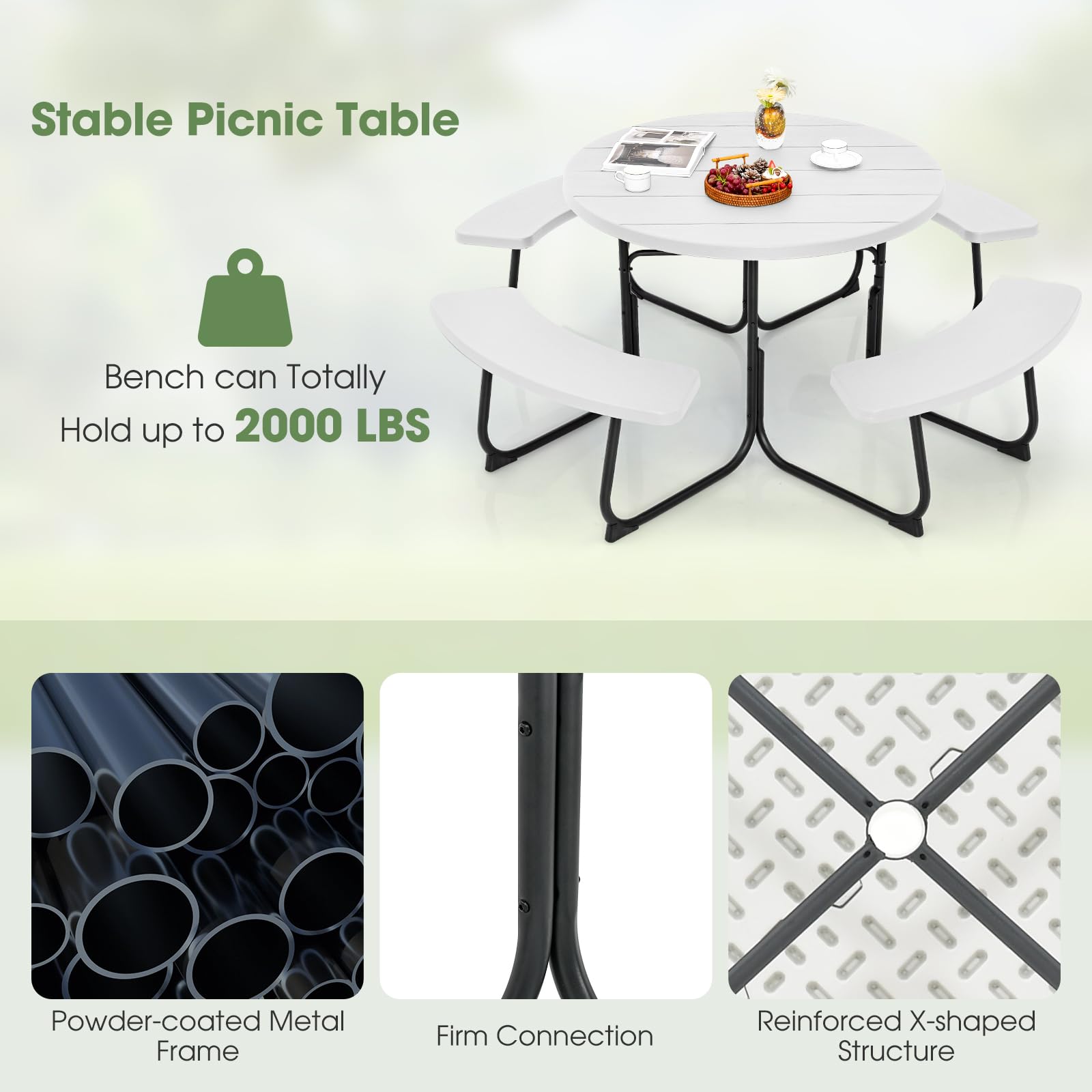 Giantex 8-Person Round Outdoor Picnic Table Set with Umbrella Hole - HDPE Top & Sturdy Metal Frame, 2000LBS Capacity - Perfect for Backyard, Deck, Garden, Patio, and Outdoor Dining (White)