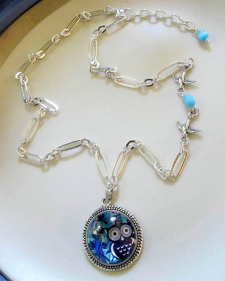 Blue Owl Pendant Necklace with Domed Glass Cabochon - Silver Oval Linked Chain, Custom Length & Extension Chain - Perfect for Gifts, Nature Lovers & Boho Fashion