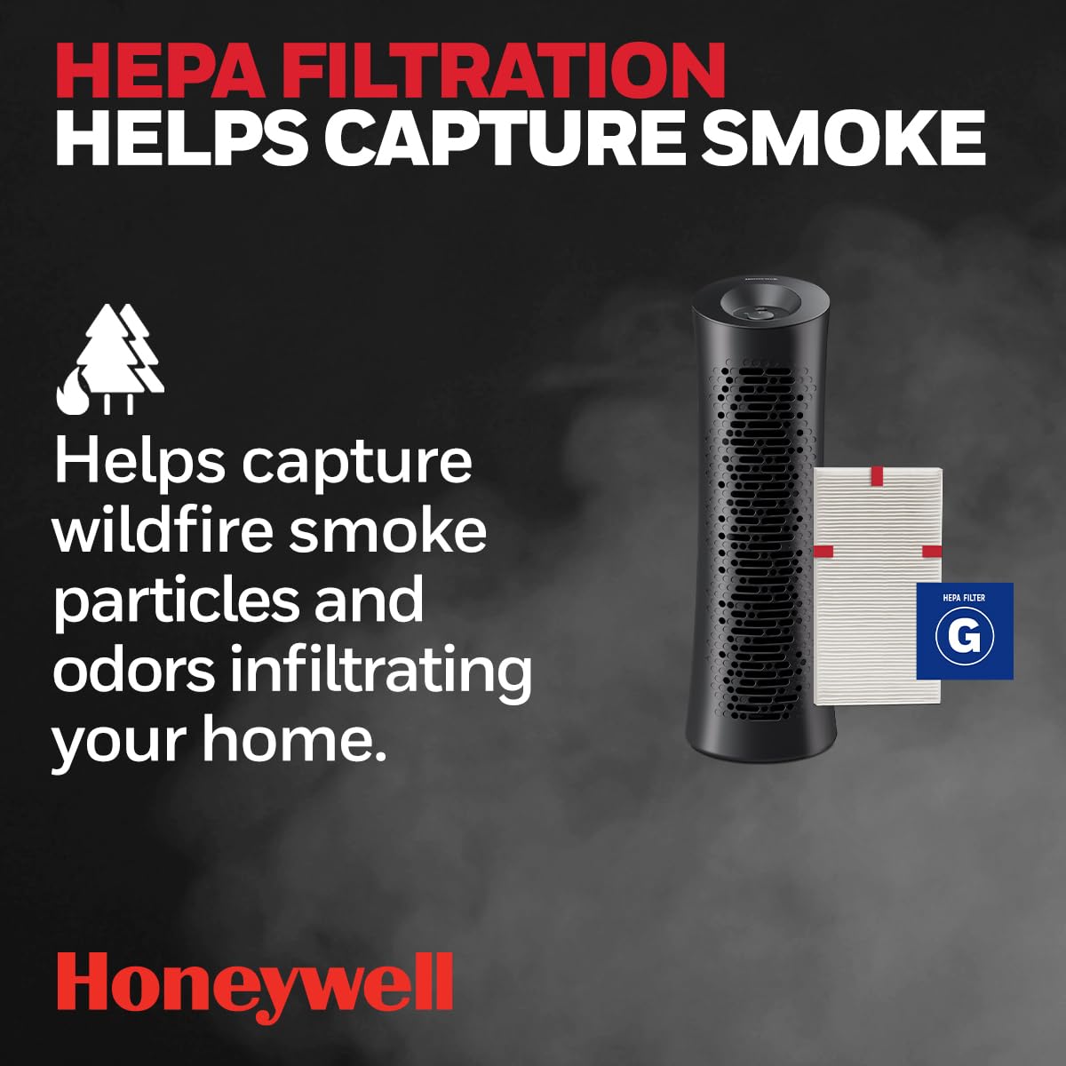 Honeywell HEPA Tower Air Purifier for Large Rooms up to 200 sq ft - Removes Wildfire Smoke, Pollen, Pet Dander & Dust - Allergen Reducer Air Cleaner for Home & Office (Black) | Perfect for Allergy Sufferers & Smoke Relief