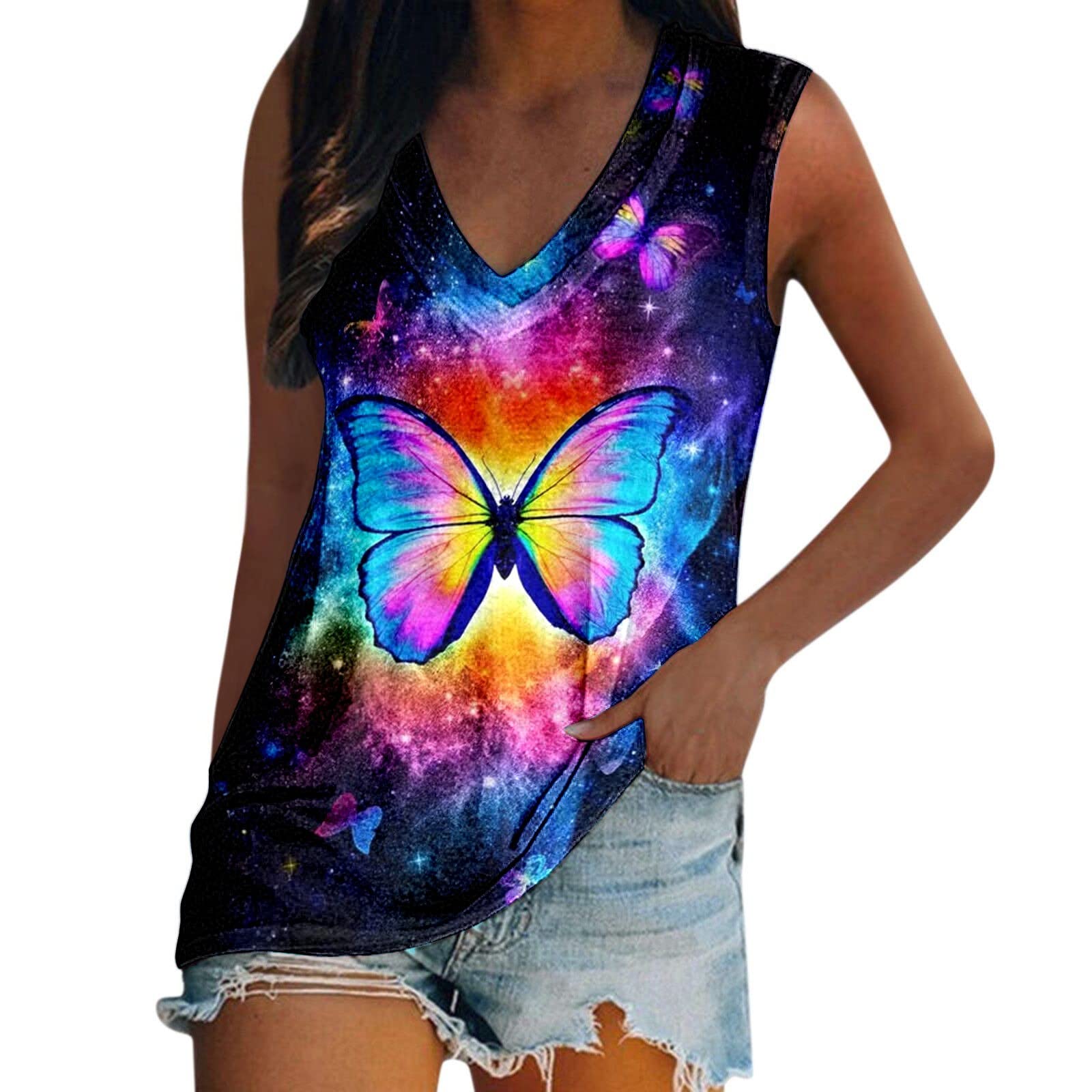 Women's Floral Sleeveless V-Neck T-Shirt - Summer Printed Tunic Top - Plus Size 3X Muscle Tee for Casual Wear, Beach Outfits & Vacation Style