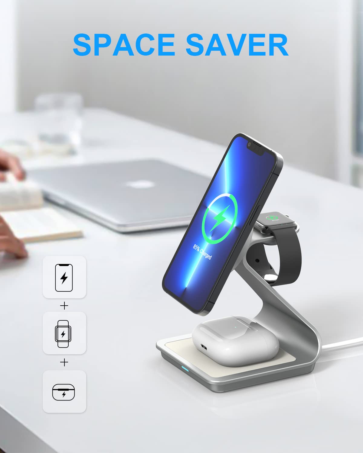3 in 1 Magnetic Wireless Charger Stand for iPhone 14/13/12 Pro Max Mini, Apple Watch Series 8/7/6/SE, AirPods Pro/3/2 - Fast Charging Station with Aluminum Alloy Base (Silver) - Perfect for Home, Office & Nightstand Charging