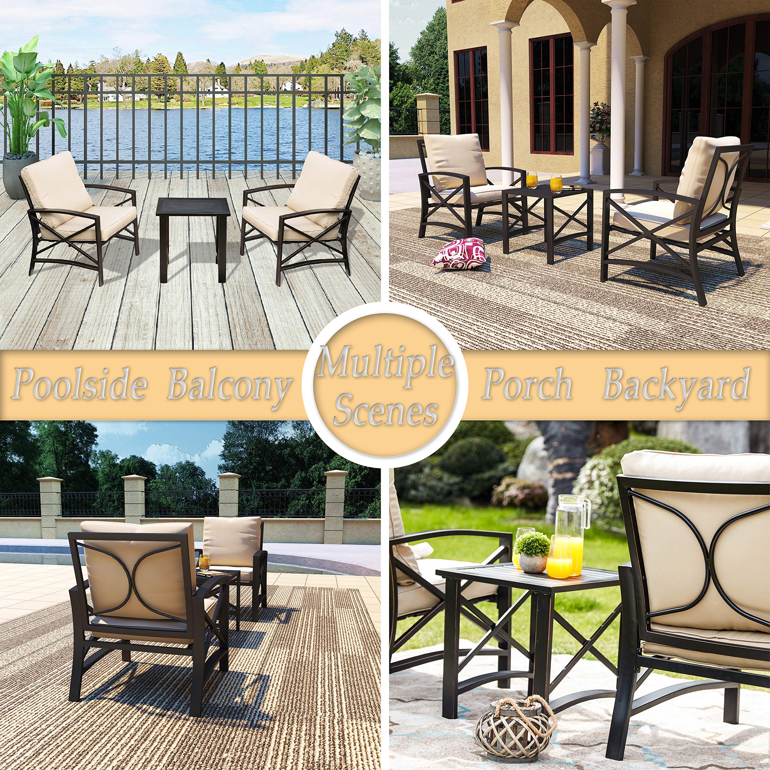 PatioFestival 3-Piece Outdoor Bistro Set - Modern Metal Patio Furniture with Coffee Table for Porch, Garden, Backyard or Indoor Use (Khaki) - Perfect for Relaxing, Entertaining & Outdoor Dining