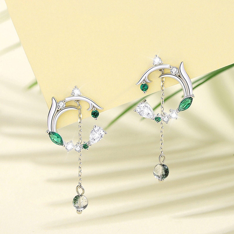 Forest Moss Agate Emerald Wedding Jewelry Set - Solitaire Green Crystal White Gold Dainty Pendant Necklace, Nature-Inspired Stud Earrings & Bracelet - Perfect for Bridal, Anniversary & Boho Chic Outfits