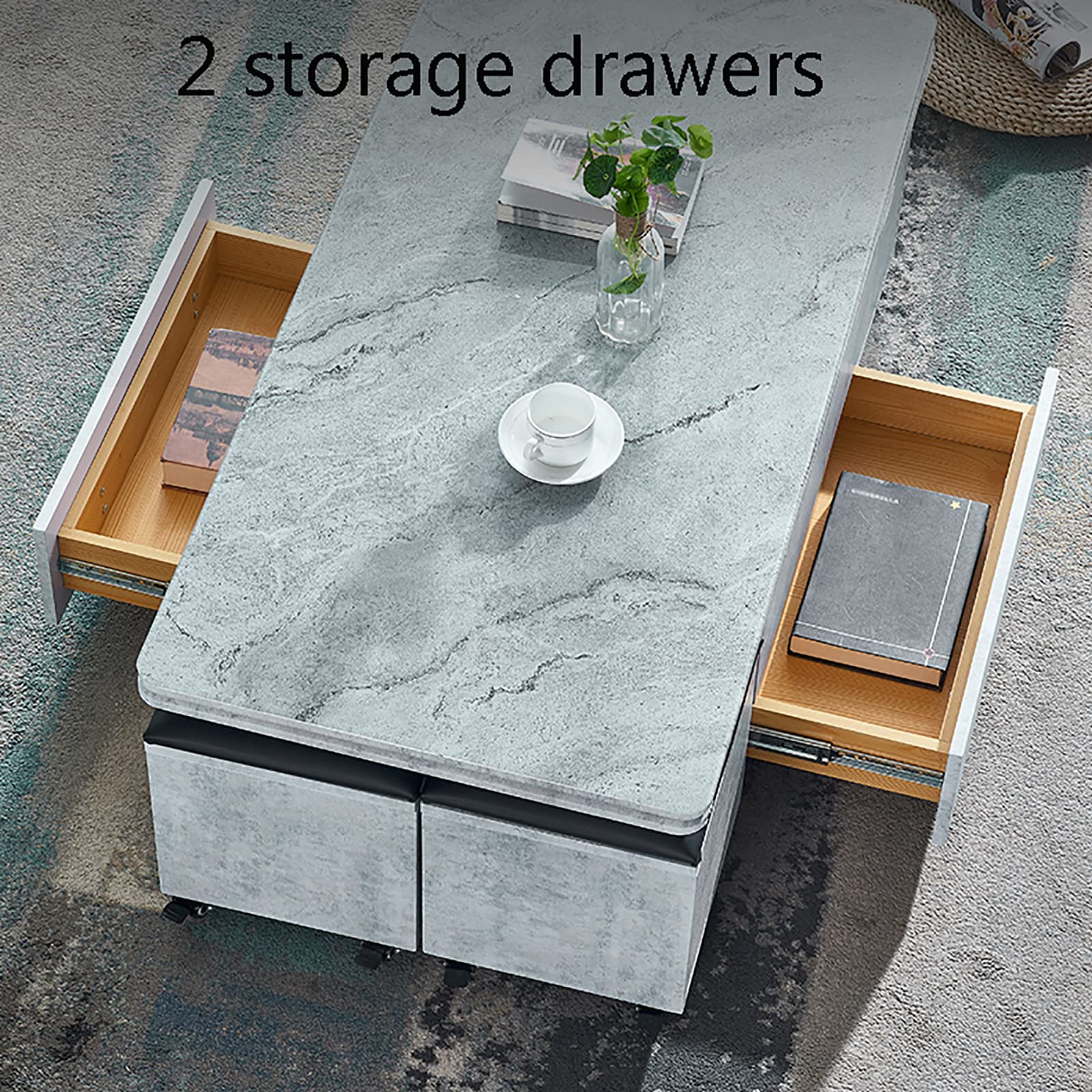 CAYJ Lift-Top Coffee Table with Hidden Storage & 4 Stools - Multifunctional Living Room & Dining Table in Grey with Orange Stitching - Perfect for Small Spaces, Home Office, and Entertaining Guests
