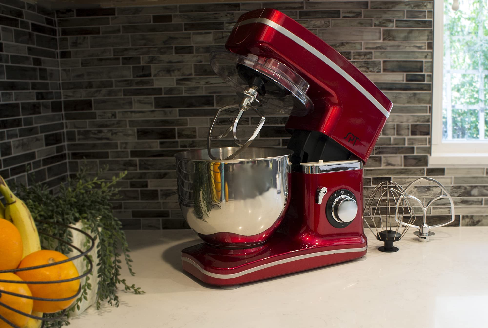 SPT MM-106RA 8-Speed Stand Mixer - Powerful 500W Electric Hand Mixer with 8 Speeds, Stainless Steel Bowl & Dough Hook - Perfect for Baking Cakes, Cookies, Bread & More (Red)