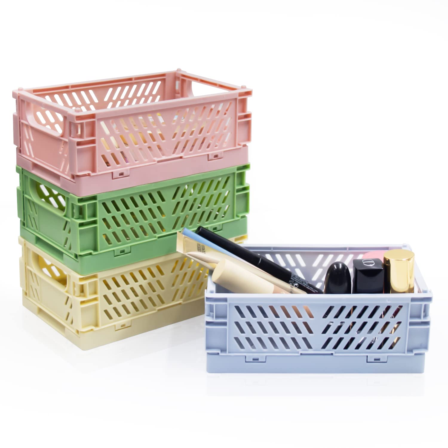 4 Pack Mini Foldable Plastic Storage Baskets - Collapsible Organizer Bins for Home, Office, Classroom & Drawer (5.9x3.9x2.2 Inches) - Perfect for Organizing Makeup, Toys, Office Supplies & Small Items
