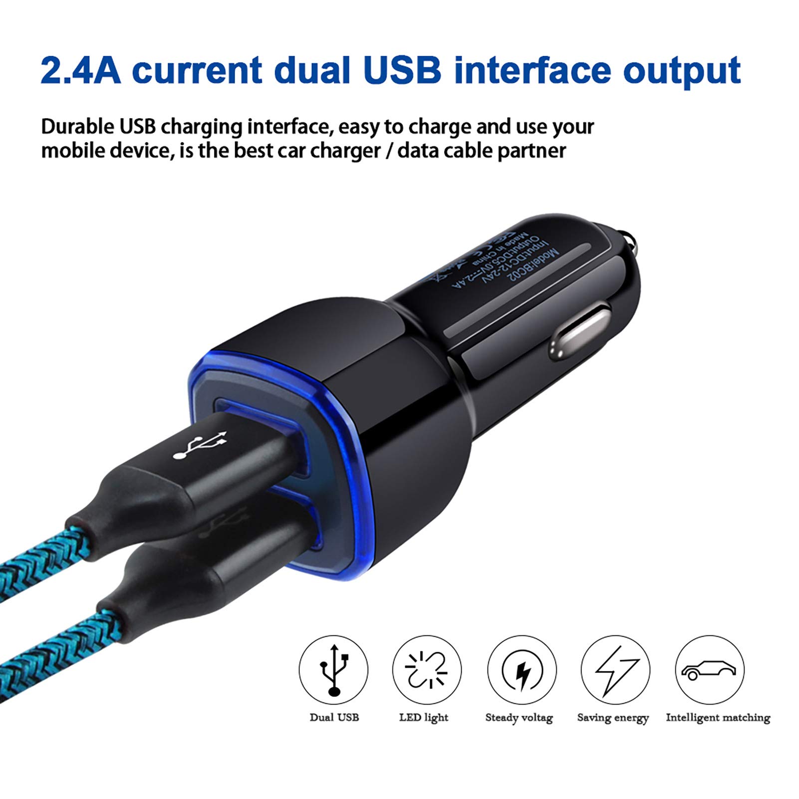 Fast Charging Dual USB Car Charger with Type C Cable - Compatible with Moto G Series (G Power, G Stylus, G Fast, G7-G9) & Samsung Galaxy (S20, S10, A Series) - Perfect for Road Trips & Daily Commutes