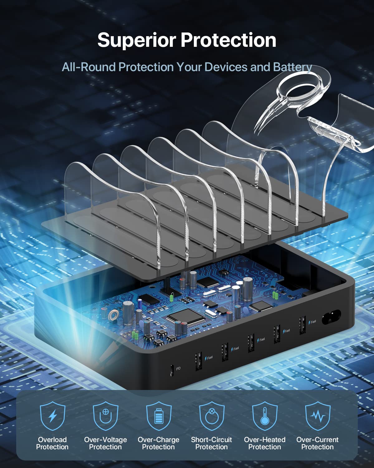 SooPii 60W 6-Port USB Charging Station with PD 20W Fast Charge for iPhone 14/13/12 Pro Max | Includes 6 Short Cables & 2-in-1 Holder | Multi-Device Charger for Phones, Tablets, Smartwatches | Perfect for Home, Office & Travel Use