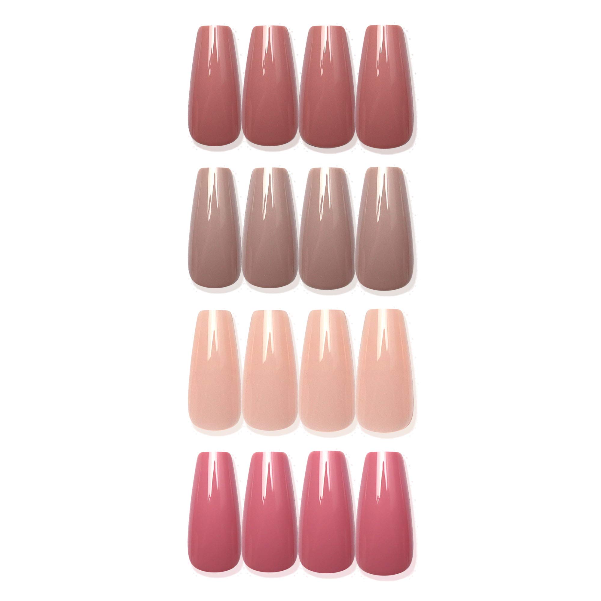 96 Pcs Colorful Fake Nails Set - 4 Pack Long Ballet Coffin Shape Acrylic Nails in Pink, Nude & Champagne | Full Cover Artificial Nails with UV Gel Coat | Perfect for Parties, Weddings & Special Occasions