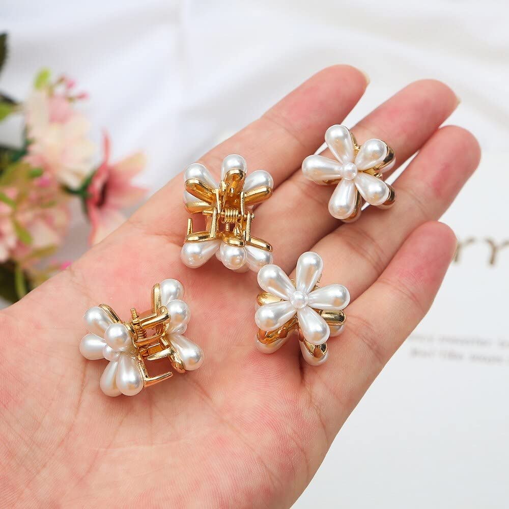 Elegant Starvis Mini Pearl Hair Claw Clips - Gold Metal Flower Hair Barrettes for Women & Girls (10-Pack, White) | Perfect for Updos, Ponytails & Everyday Hairstyles