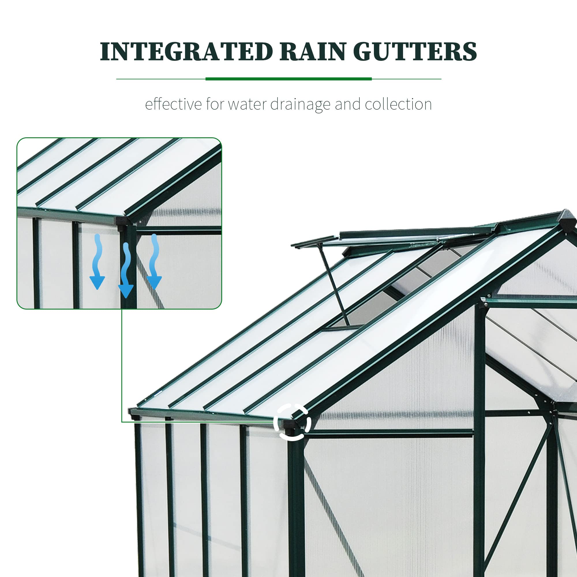 Outsunny 6' x 8' Polycarbonate Greenhouse with Rain Gutter & Roof Vent - Durable Aluminum Walk-in Outdoor Greenhouse for Backyard, Patio & Garden (Dark Green) - Perfect for Growing Vegetables, Herbs & Flowers Year-Round
