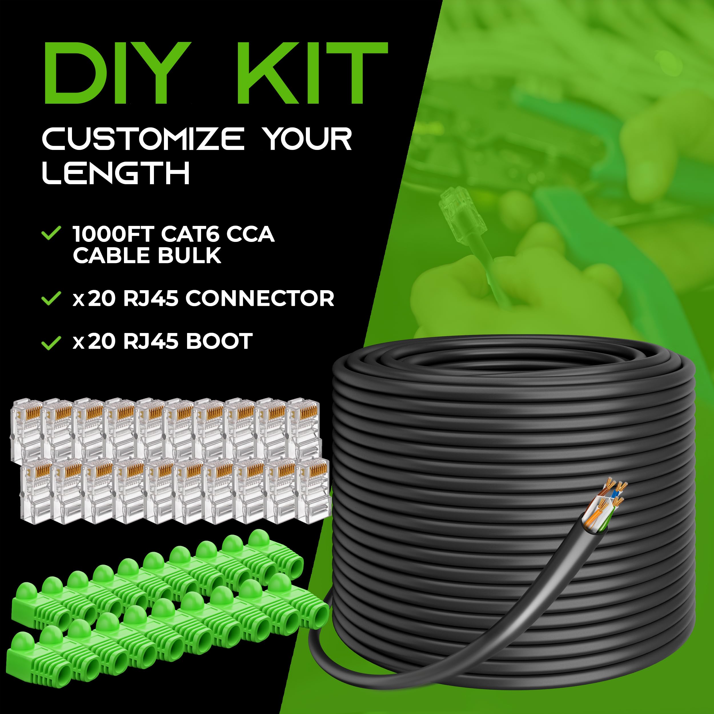 GearIT 1000ft Cat6 Ethernet Cable Bulk - Outdoor Waterproof Direct Burial UV Resistant, 10Gbps High Speed Network Cable with Gold Plated RJ45 Connectors - Perfect for Home Networking, Office Setup, and Outdoor Internet Installation