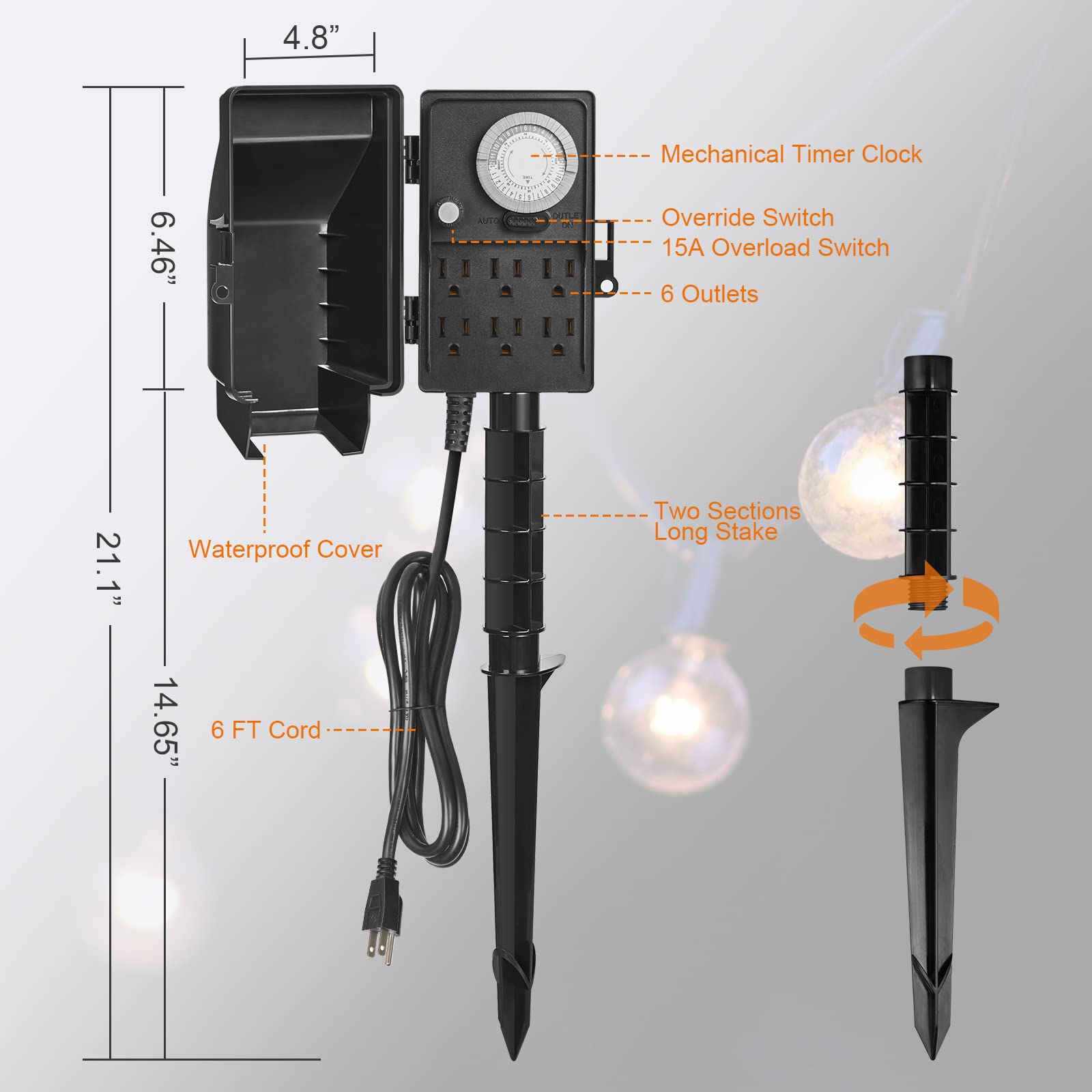 SURAIELEC 24-Hour Outdoor Mechanical Timer Power Stake - Weatherproof Electrical Outlet Splitter with 6FT Extension Cord for Patio Lights, Halloween Decorations, Christmas Lighting & Garden Landscape Use