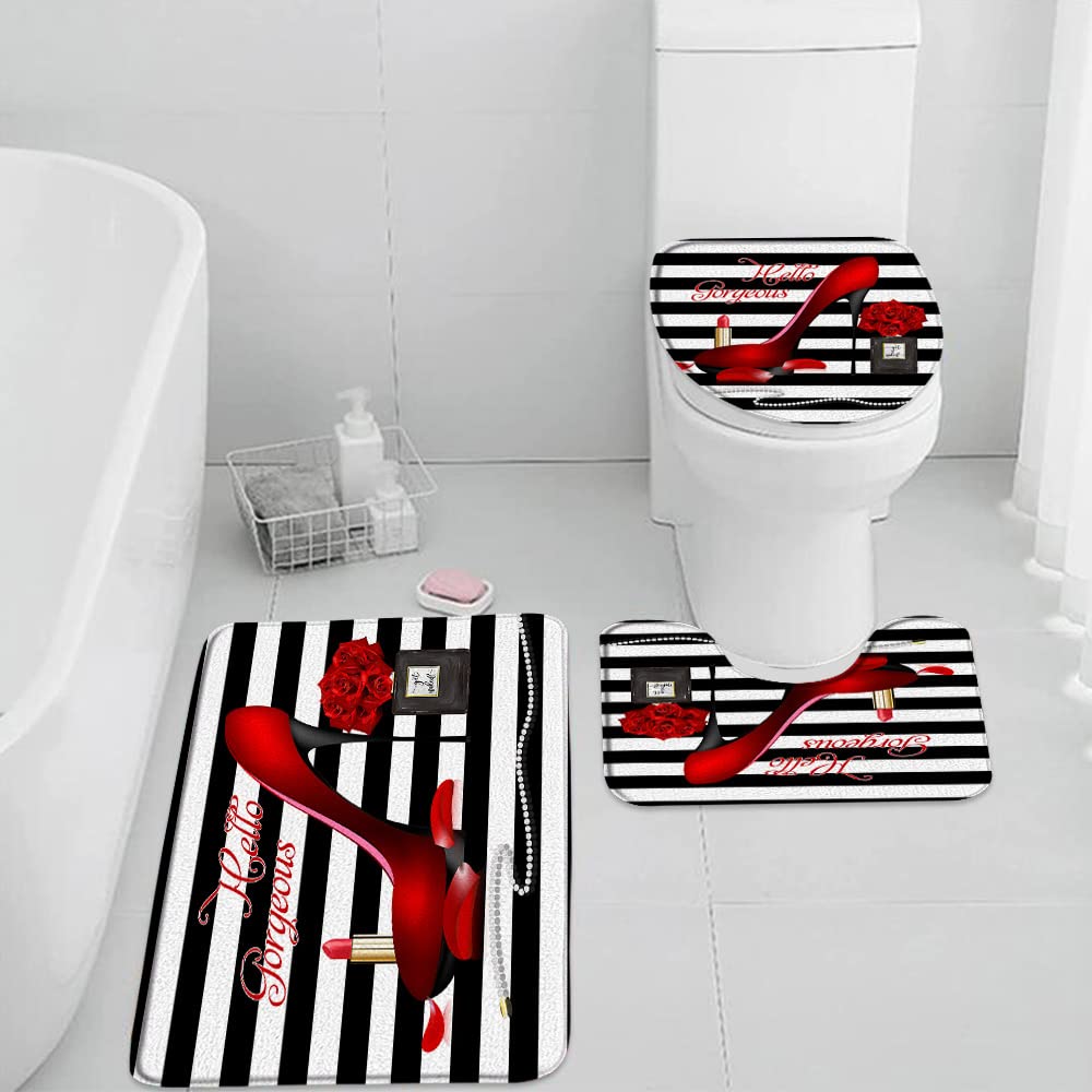 3-Piece Fashion Bathroom Rug Set for Girls - Hello Gorgeous Makeup Lipstick & Rose Flower Design, Black Perfume Bottle & High Heels Love Theme - Modern Women's Spring Bath Mat, Toilet Lid Cover & Floor Doormat - Perfect for Bedroom, Bathroom Decor & Gift Giving