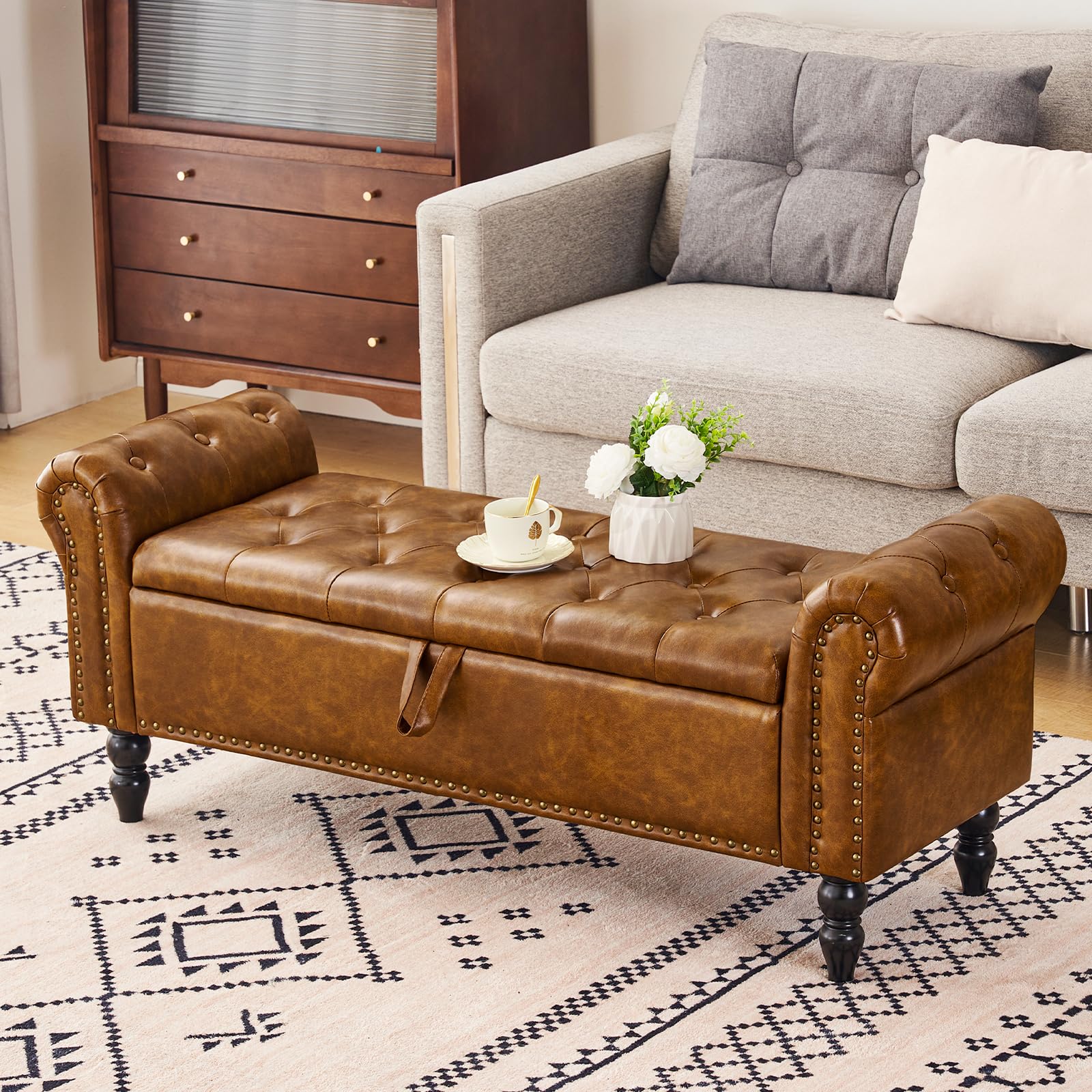 Furniliving Leather Storage Ottoman Bench - Solid Wood Legs, Upholstered Footrest & Seat with Hidden Storage | Living Room, Bedroom, Entryway Furniture | Perfect for Small Spaces & Home Organization (Yellow-Brown)