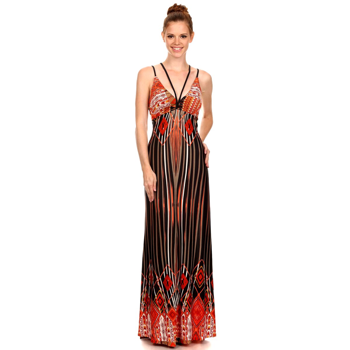 S-Twelve Women's Red & Black Border Print Double Strap Maxi Halter Dress - Elegant Summer Beach Party & Evening Cocktail Dress
