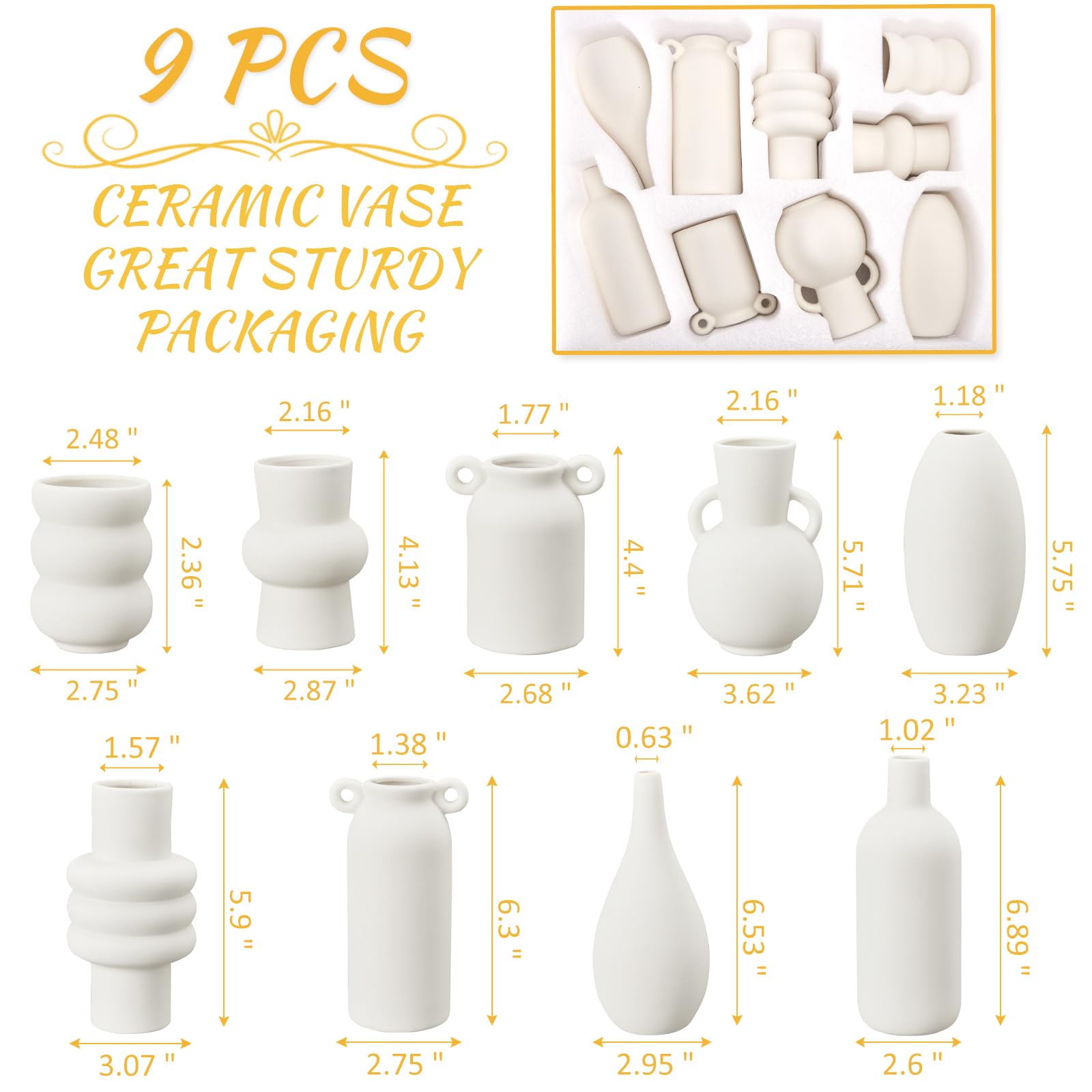 9-Piece Ceramic Vase Set - Modern White Flower Vases for Fresh & Dried Blooms, Unique Shape Home Decor, Wedding Centerpiece - Perfect for Table Decor, Living Room, Dining Room & Wedding Arrangements
