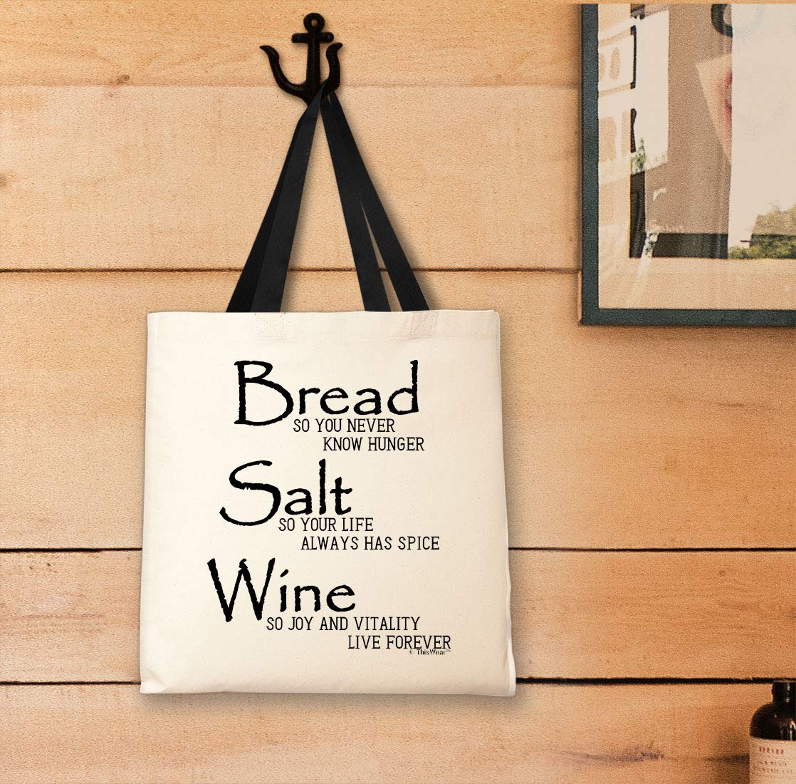 Inspirational Life Quote Tote Bag - 'Bread, Salt, Wine' Canvas Grocery Shopping Bag for Women, Perfect for Farmers Market, Beach & Daily Use
