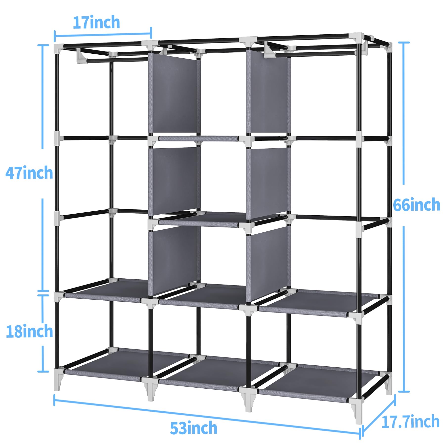 53 Inch Portable Closet with 2 Hanging Rods & 8 Shelves - Non-Woven Fabric Wardrobe for Clothes Storage - Easy Assembly Grey - Perfect for Small Spaces, Dorm Rooms & Temporary Closet Solutions