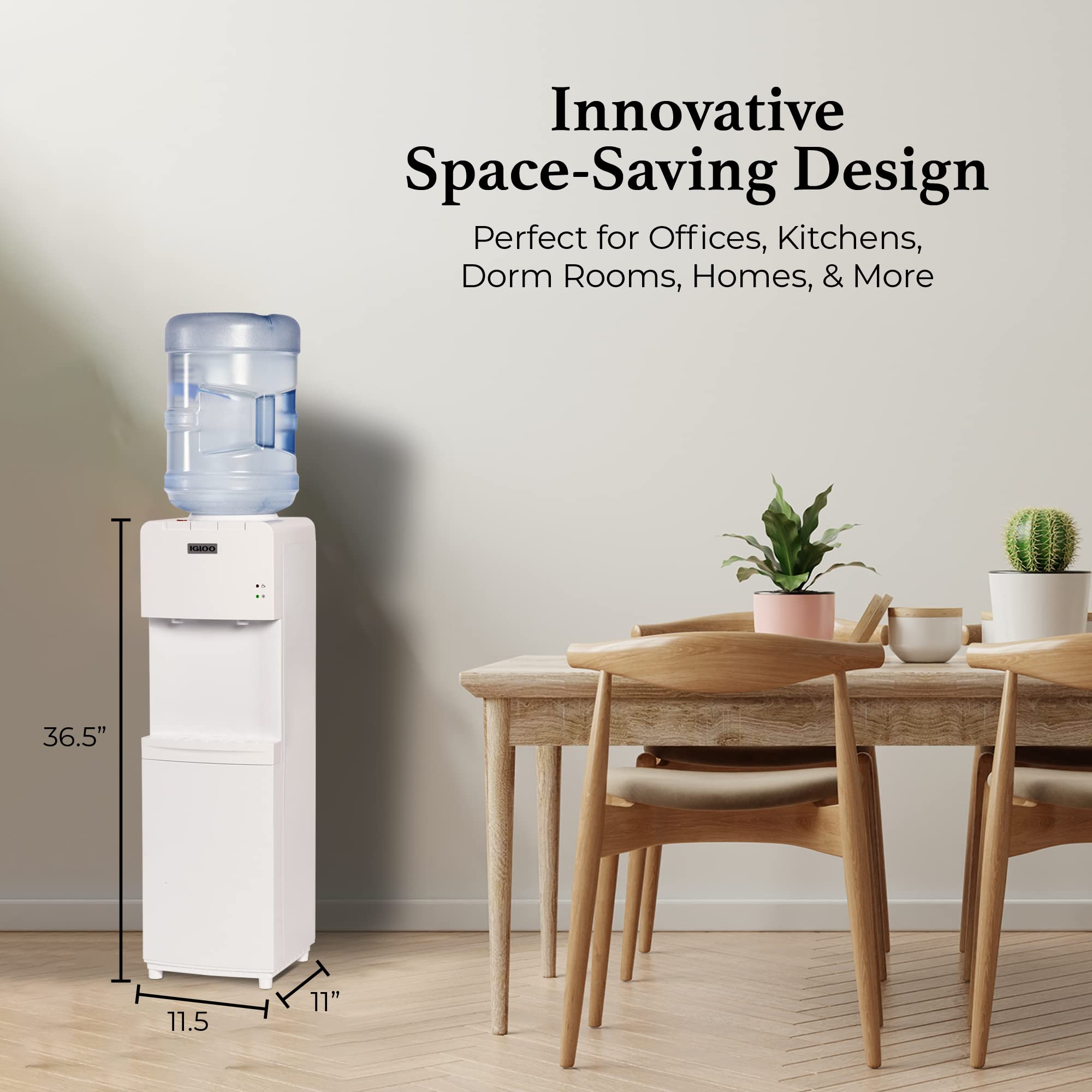 Igloo Top Loading Hot and Cold Water Dispenser - 5 Gallon & 3 Gallon Bottle Water Cooler with Child Safety Lock - Energy Efficient Home & Office Water Machine - White - Perfect for Kitchens, Break Rooms, and Dorm Rooms