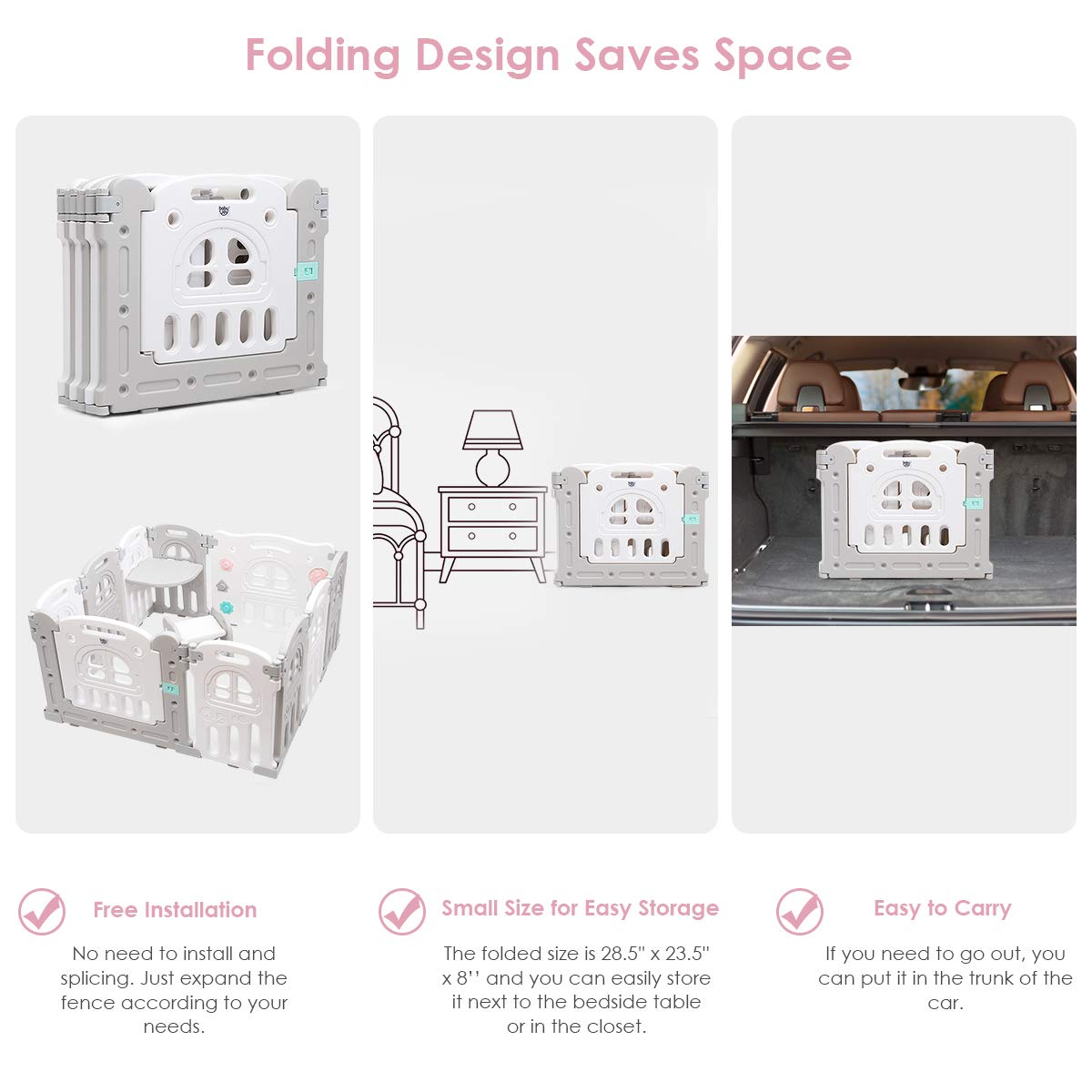 Costzon 10-Panel Foldable Baby Playpen - Indoor/Outdoor Portable Play Yard with Table Panels, Seat Stool, Lockable Gate & Educational Toys - Adjustable Shape Safety Fence for Toddlers & Kids - Perfect for Playtime, Learning and Childproofing Home Spaces