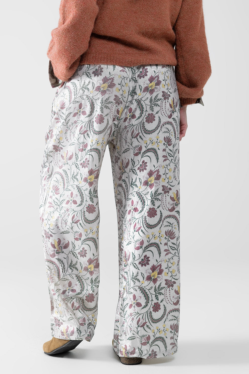 Grey Floral Print Satin Pants for Women - Elegant Lounge & Evening Wear