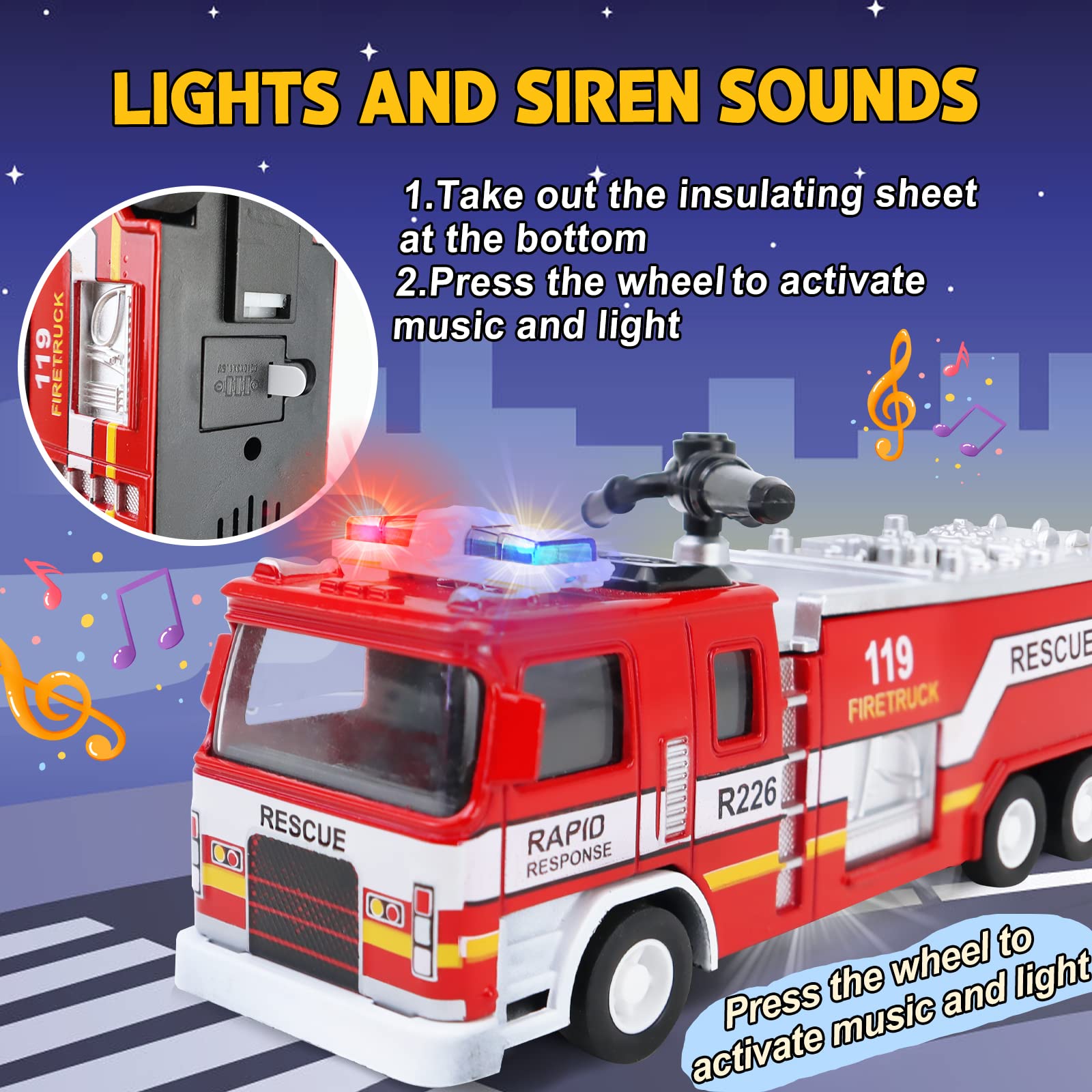 CORPER TOYS 3-Pack Fire Truck Toy Set with Extending Rescue Ladder, Rotating Water Gun, Lights & Siren Sounds – Pull Back Alloy Car Toys for Toddlers, Boys & Girls – Perfect for Birthday Gifts & Pretend Play Firefighter Scenarios