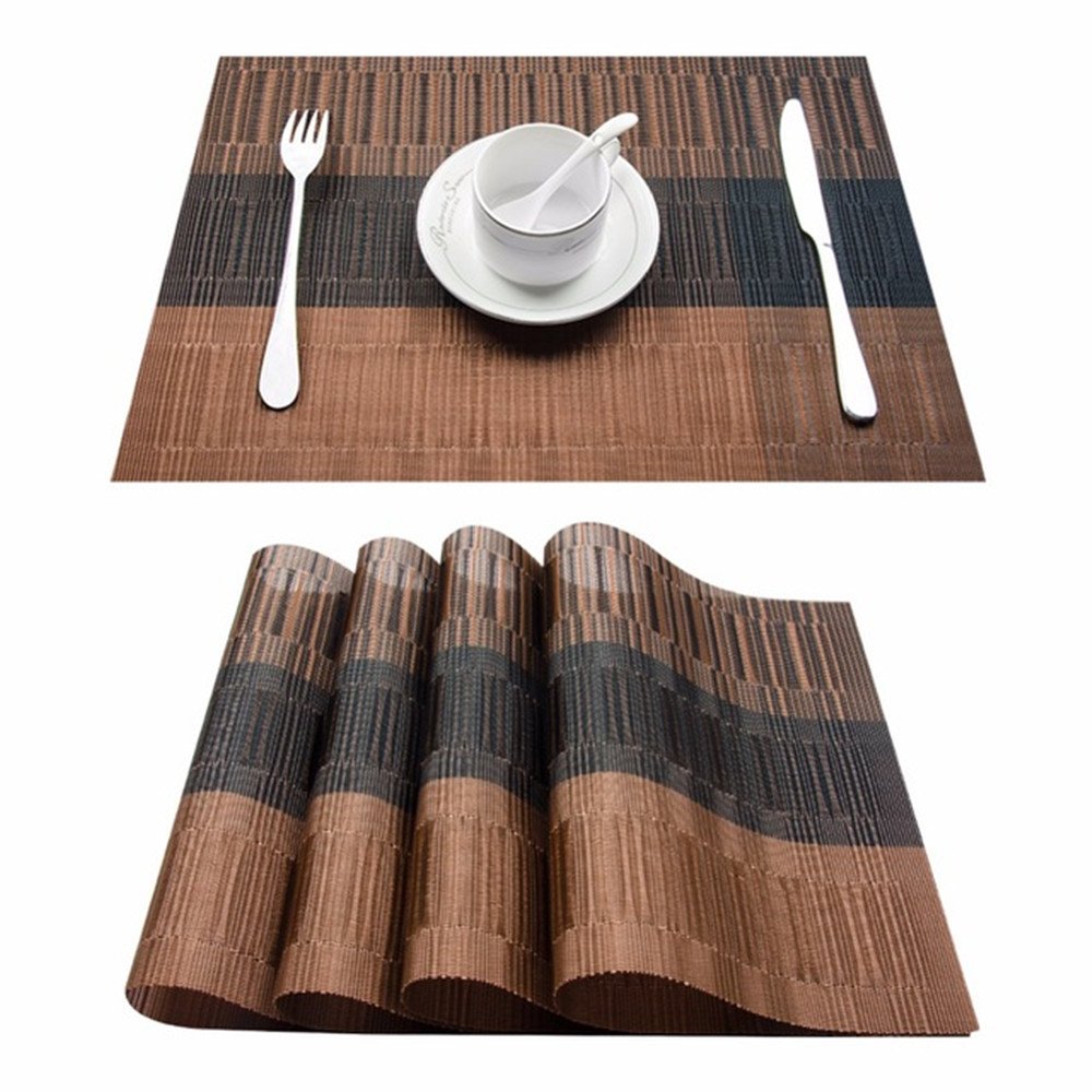 Premium PVC Woven Vinyl Placemats Set of 6 - Heat-Resistant, Non-Slip Table Mats for Dining, Kitchen & Outdoor Use (Brown & Black) - Perfect for Everyday Meals, Dinner Parties & Picnics
