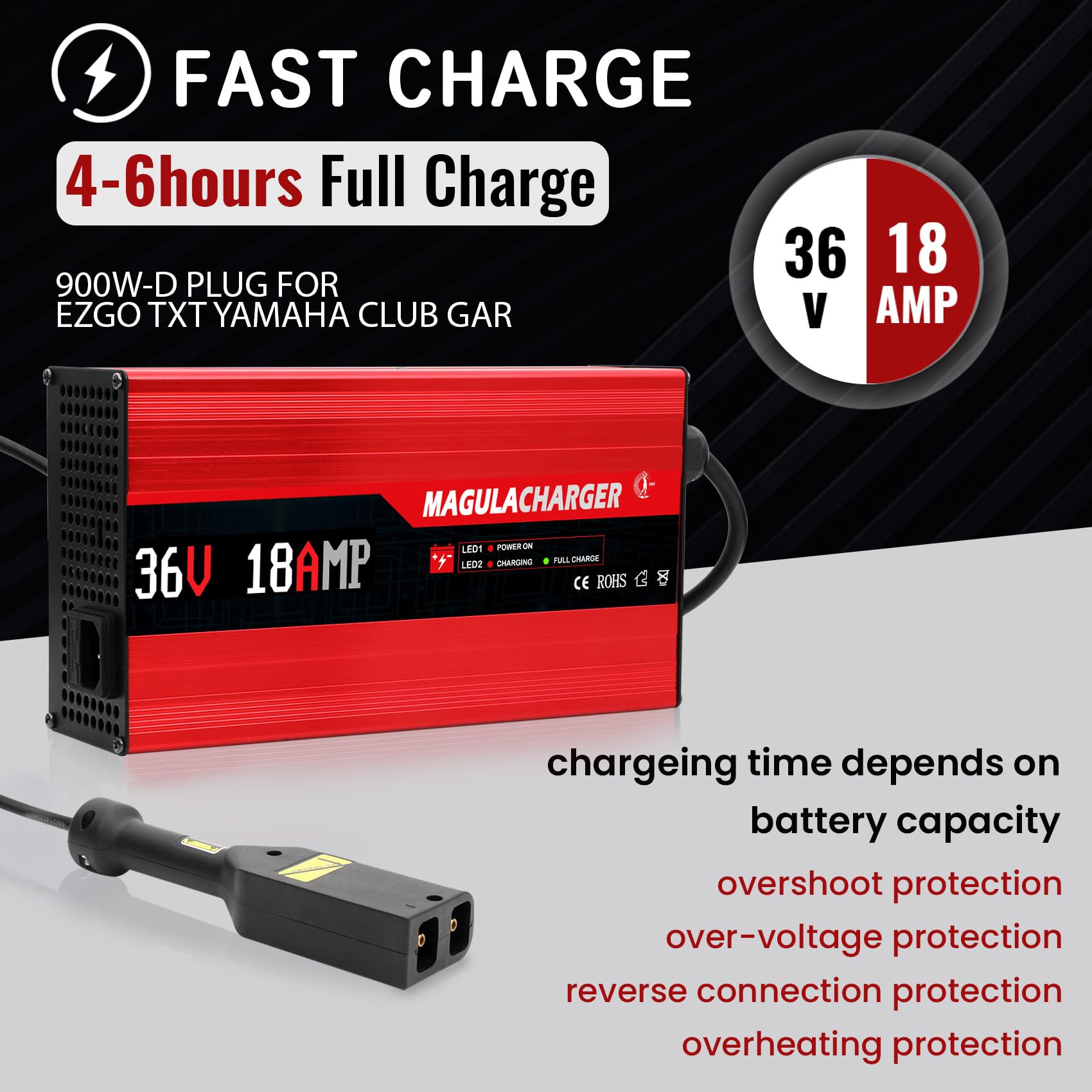 36V 18A Golf Cart Battery Charger for EZGO-D Plug - 900W Replacement for PowerWise Charger | Fast 4-6 Hour Charge | Compatible with Lead Acid, AGM & Gel Batteries | 16FT Cable | Perfect for EZGO Golf Carts, Maintenance Charging & Winter Storage
