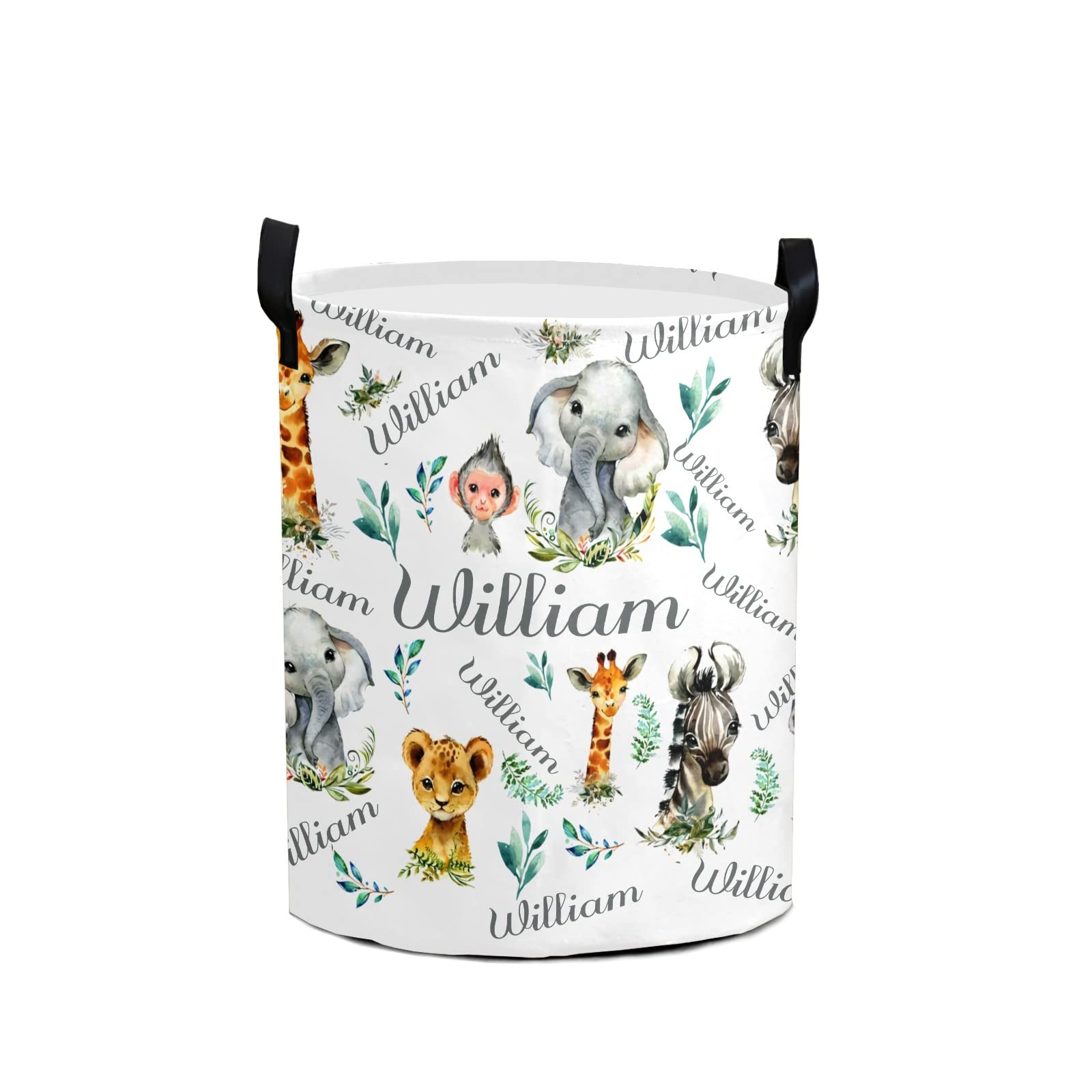 Personalized Safari Animal Laundry Hamper - Waterproof Collapsible Storage Bin with Drawstring & Handle for Clothes & Toys (50cm x 36cm) | Kids' Room Decor, Nursery Organization & Playroom Storage