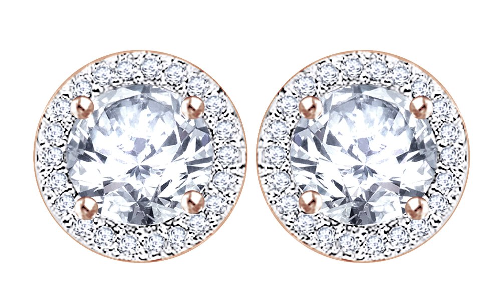 14K Gold Over Sterling Silver Round Cut White Cubic Zirconia Halo Stud Earrings for Women - Push Back Jewelry for Everyday Wear, Parties & Special Occasions
