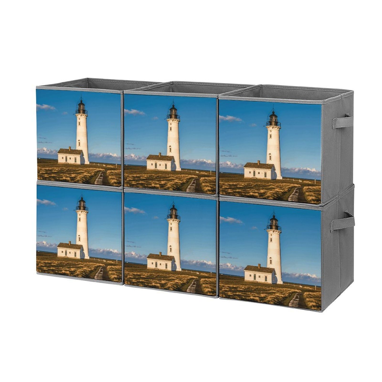 6-Piece Collapsible Storage Bins with Handles - Vintage Lighthouse Printed Foldable Storage Boxes for Home Organization, Closet, Pantry & Shelf Organizing (Multi-Purpose Storage Baskets) - Perfect for Bedroom, Bathroom & Office Storage Solutions