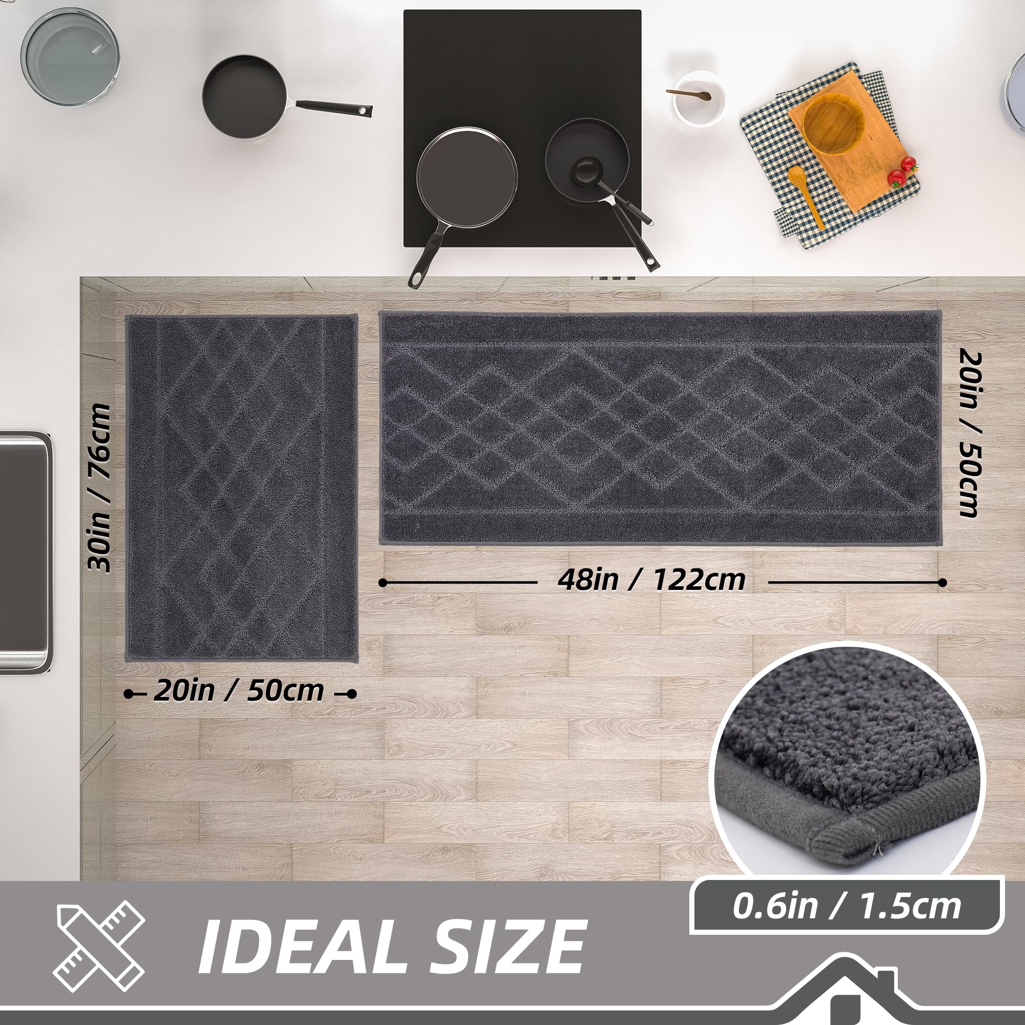 BEQHAUSE Non-Slip Washable Kitchen Rugs Set of 2 - Absorbent Soft Floor Mats for Kitchen, Sink, Hallway & Laundry (20”x30” + 20”x48”, Dark Grey) - Perfect for High-Traffic Areas & Spill Protection