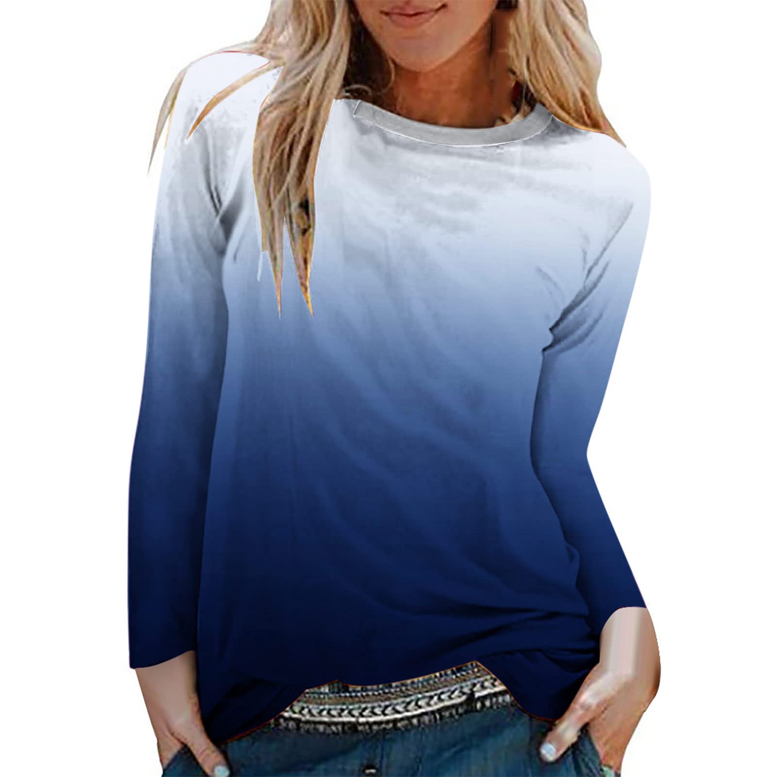 Women's Casual Long Sleeve Graphic Print Tee Shirts - Loose Lightweight Gradient Color Blouse Tops for Everyday Wear, Work & Weekend Outfits