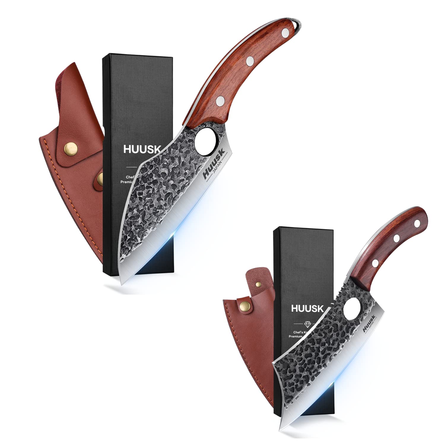 Premium Huusk Chef Knives Set - Japanese Steel Meat Cleaver & Outdoor Cooking Knife with Protective Sheath - Perfect for Camping, BBQ, Hunting & Home Kitchen Use