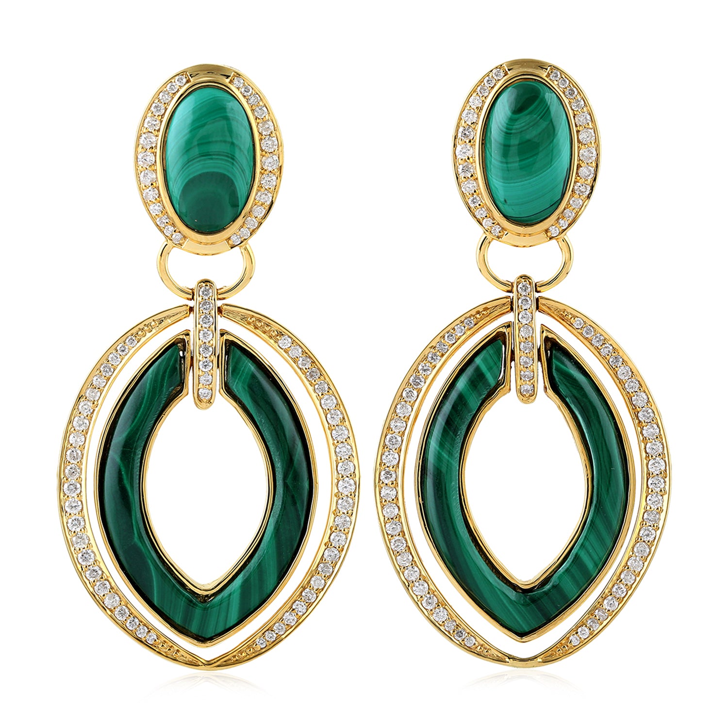 Luxury 18K Yellow Gold Malachite Pave Diamond Dangle Earrings - Handcrafted Designer Jewelry for Women, Perfect for Weddings, Parties & Special Occasions