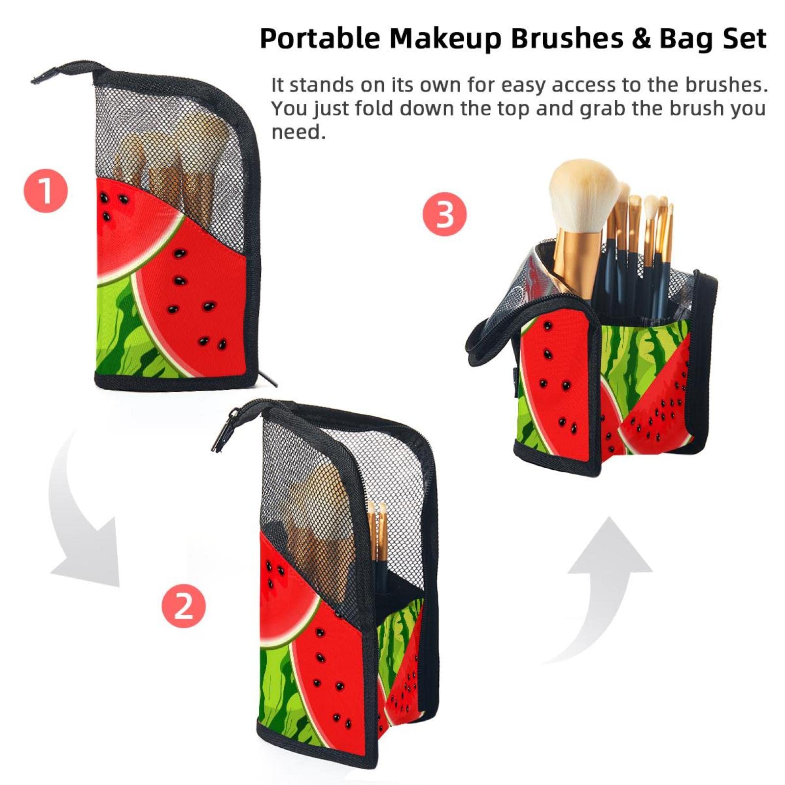 Portable Makeup Brush Organizer Bag with 12 Slots - Watermelon Summer Fruit Design, Travel-Friendly Cosmetic Brush Holder Case for Makeup Artists & On-the-Go Touch Ups