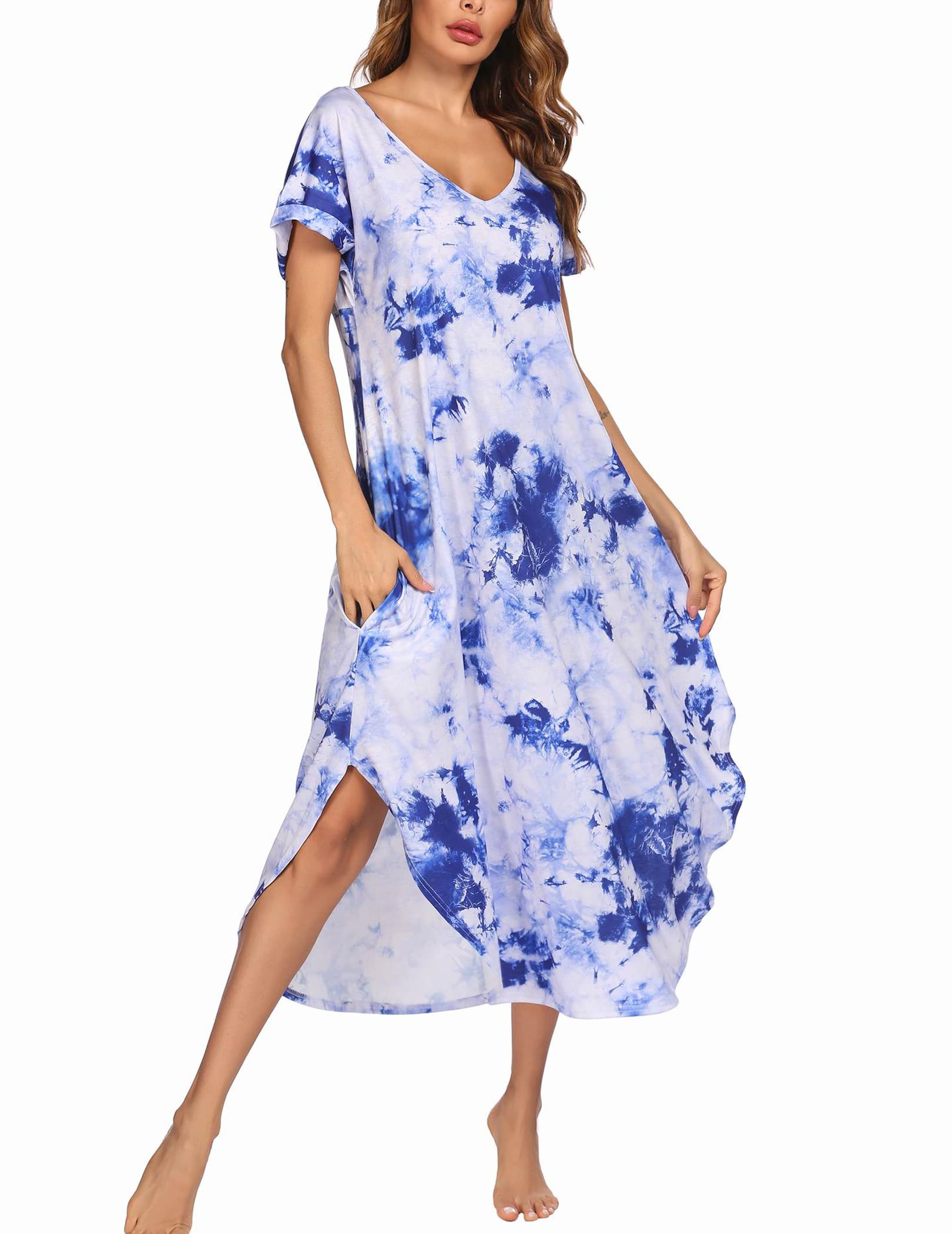 Ekouaer Women's V-Neck Short Sleeve Nightgown - Soft Sleepwear with Side Split Pockets, Long Nightdress Sizes S-3XL - Perfect for Relaxing at Home, Lounging & Comfortable Sleep