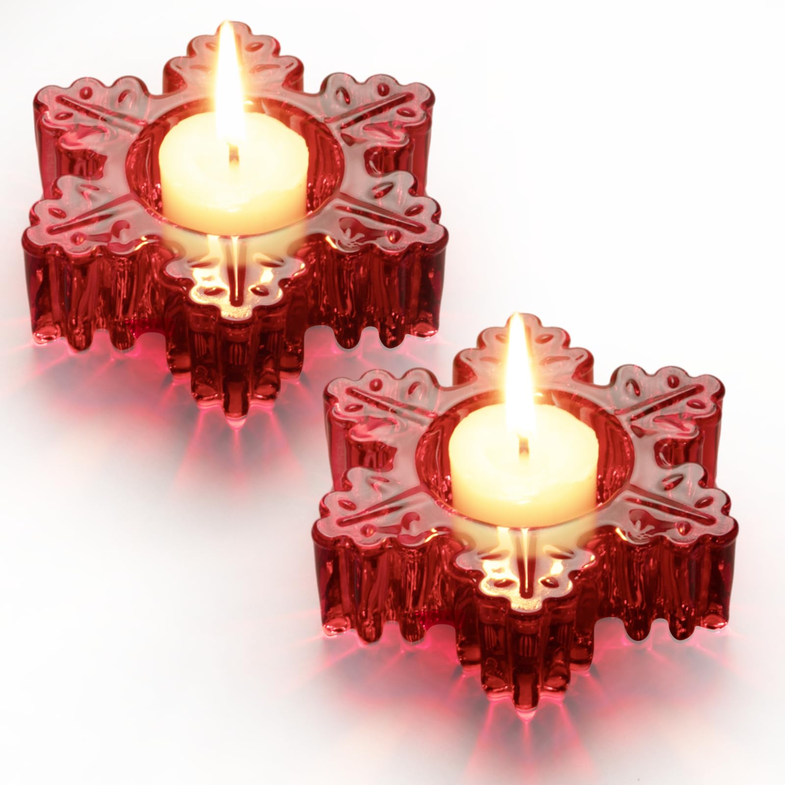 Set of 2 Red Glass Tealight Candle Holders - Christmas Snowflake Design Table Centerpiece Decor for Holiday Parties, Home Decor & Winter Weddings