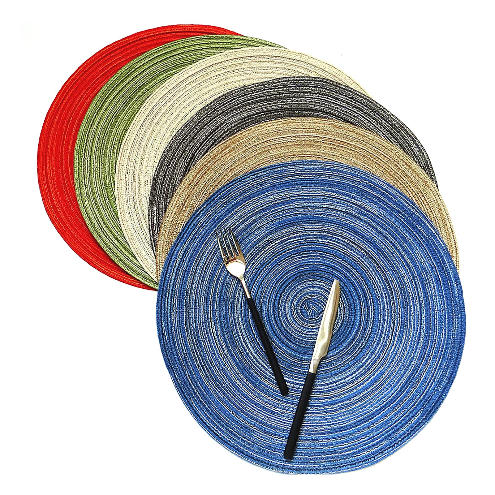 JIAOAO 6-Piece Round Braided Placemat Set - Washable, Non-Slip & Heat Resistant Woven Table Mats for Dining - Natural Fiber Decor for Kitchen, Restaurant & Home Entertaining (Multicolor)