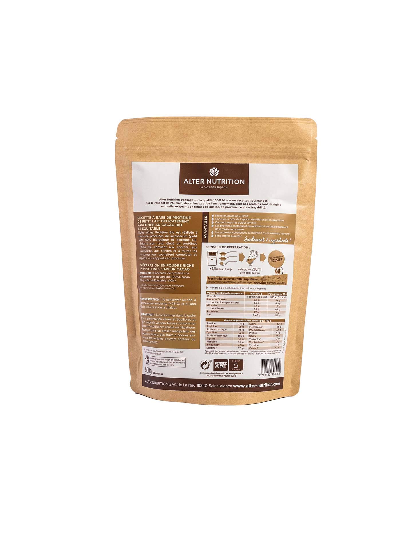 Alter Nutrition Whey Protein Bio Cocoa Powder - 72% High Protein, Organic Fair Trade Cocoa, French Made Milk Protein Supplement (500g) - Perfect for Post-Workout Recovery & Healthy Smoothies