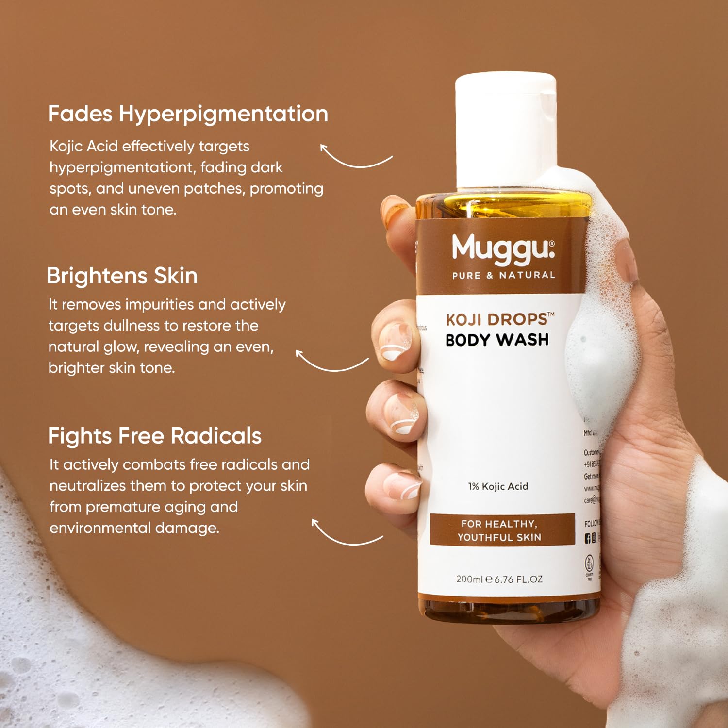 Muggu Skincare Koji Drops Brightening Body Wash with Kojic Acid for Dark Spots & Hyperpigmentation - 200ml | Gentle Exfoliating Shower Gel for Even Skin Tone | Perfect for Daily Use & Post-Sun Care